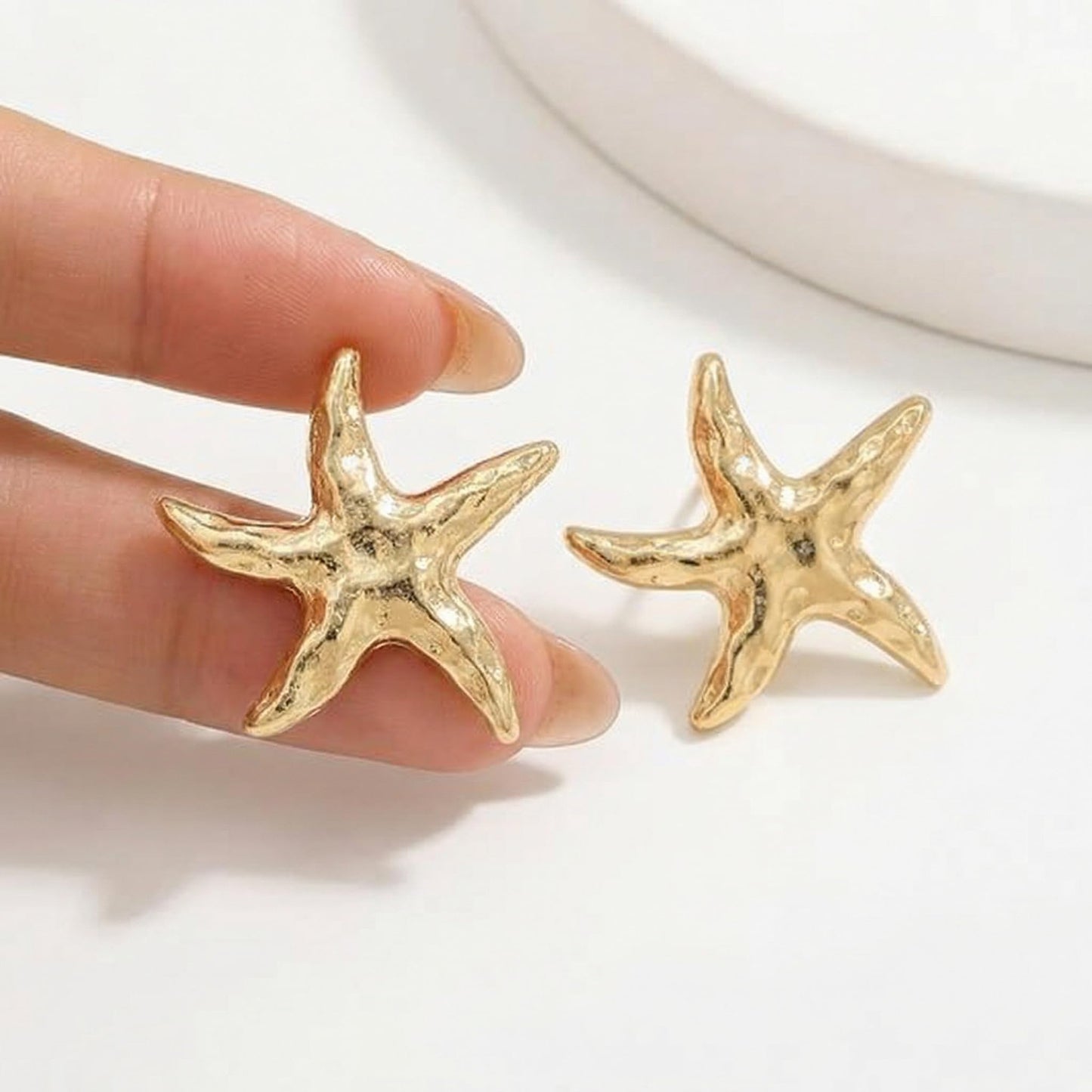 Starfish Earrings For Women Summer Ear Ring Beach Jewelry For Women Gold Tone Statement Earrings With Textured Hammered Surface Finish Nautical Themed Accessories For Vacation Party Gifts