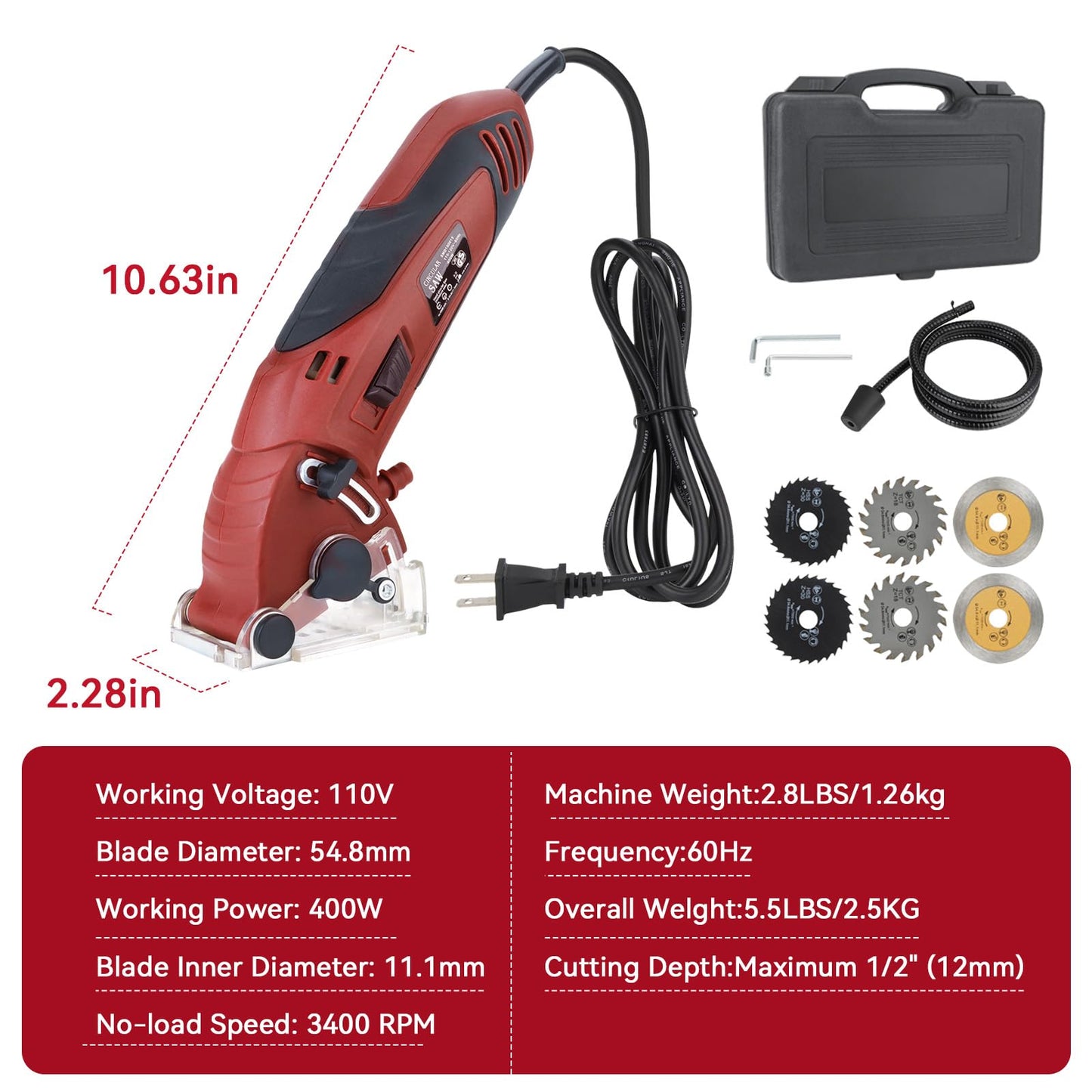 Corded Mini Circular Saw, 400W 110V 3400RMP Multifunction Handheld with 6 Blades Max Cutting Depth ½ Inch, Compact Small Circular Saw for Wood Drywall Tile PVC Pipe Soft Metal