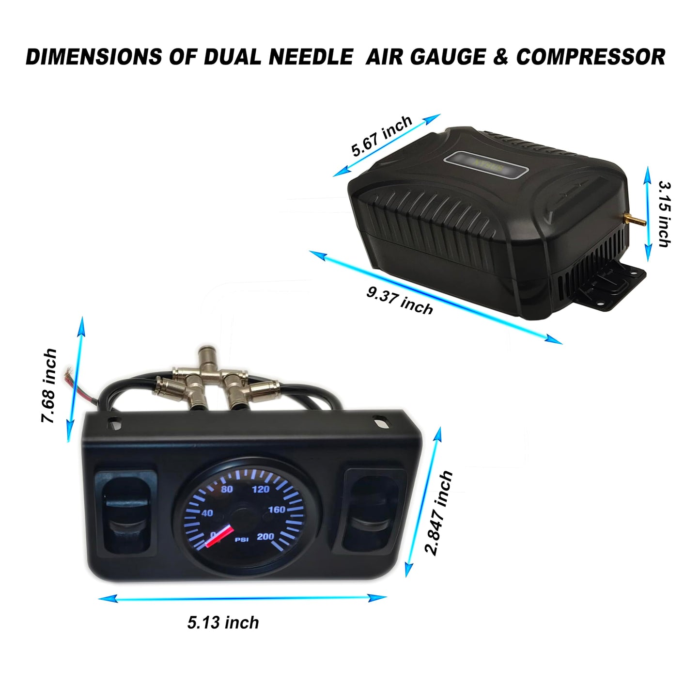 NYSUS in Cab Dual Air Gauge Control Kit, Air Compressor Kit for Air Spring Suspension with Paddle Valve Gauge and Air Fittings for Truck, Van