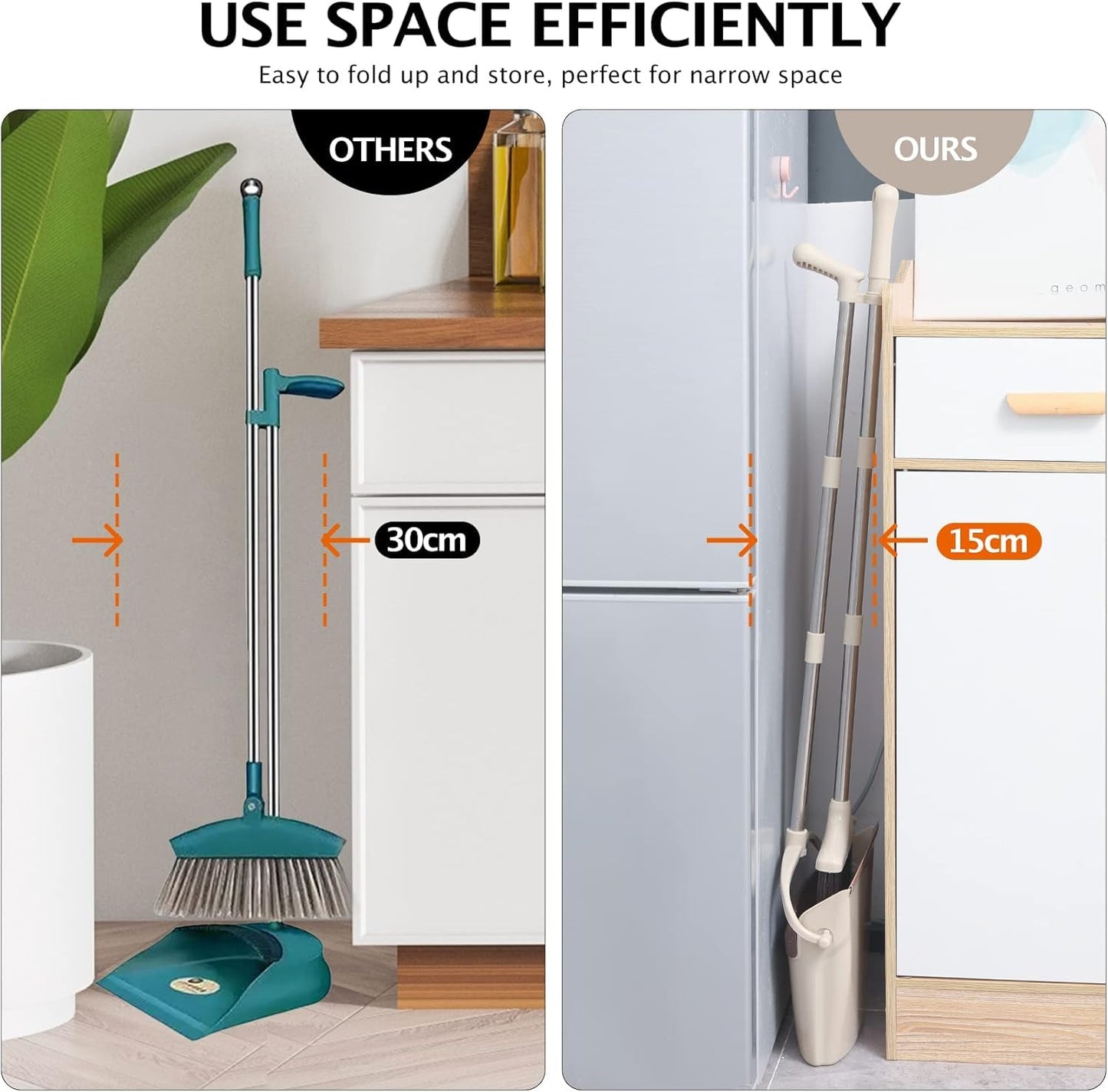 XXFLOWER Broom and Dustpan Set with Long Handle, Light Weight Stainless Steel Poles Stand Upright Dustpans with Broom Combo for Home Kitchen Office Pet Dog Hair, Brown & Beige Color, 1-Pack