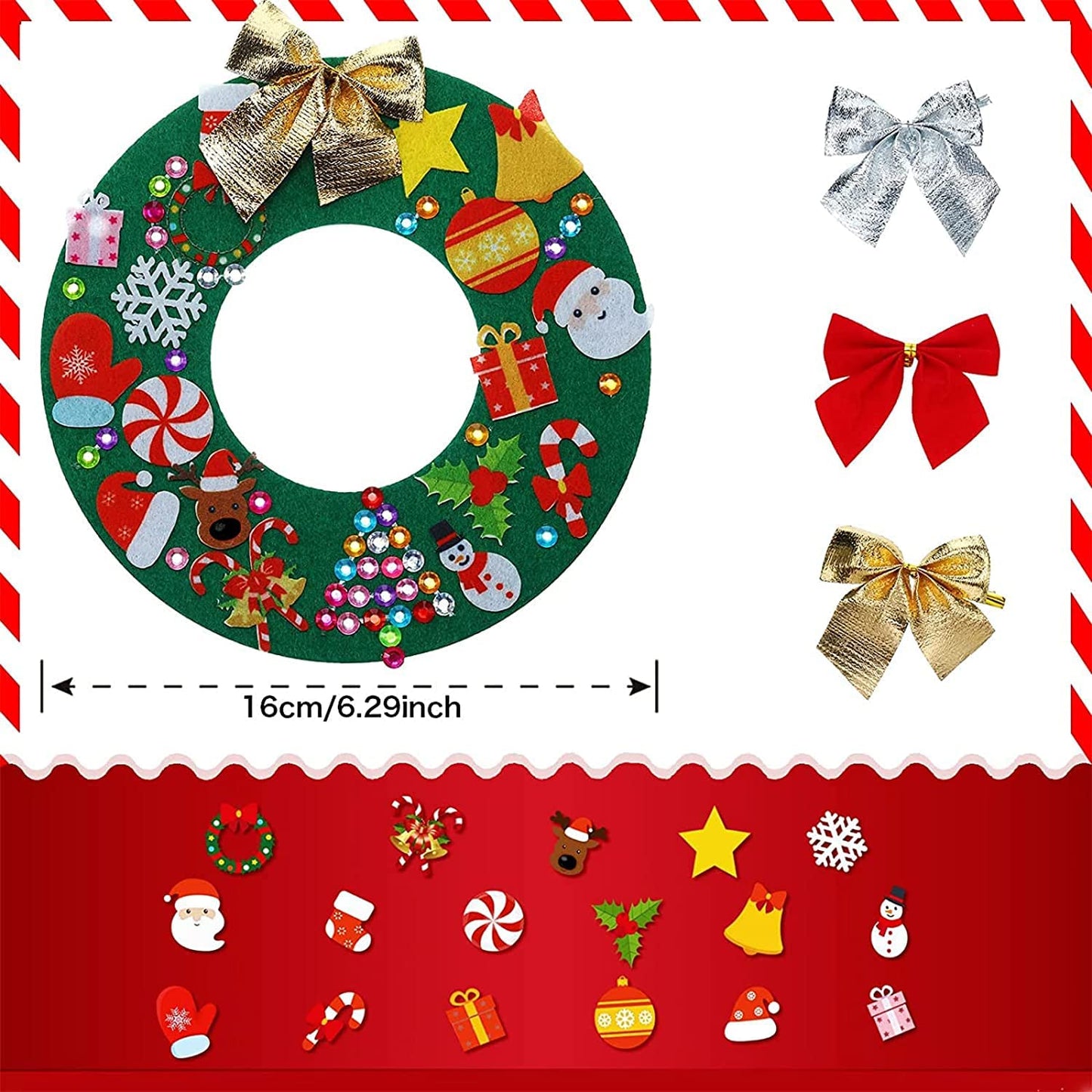 Tatuo 12 Pcs Felt Christmas Tree Wreath Decorating Craft Christmas DIY Ornaments Making Kit with 221 Self Adhesive Felt Stickers 12 Bows and 5 Gem Stickers (Wreath Style)