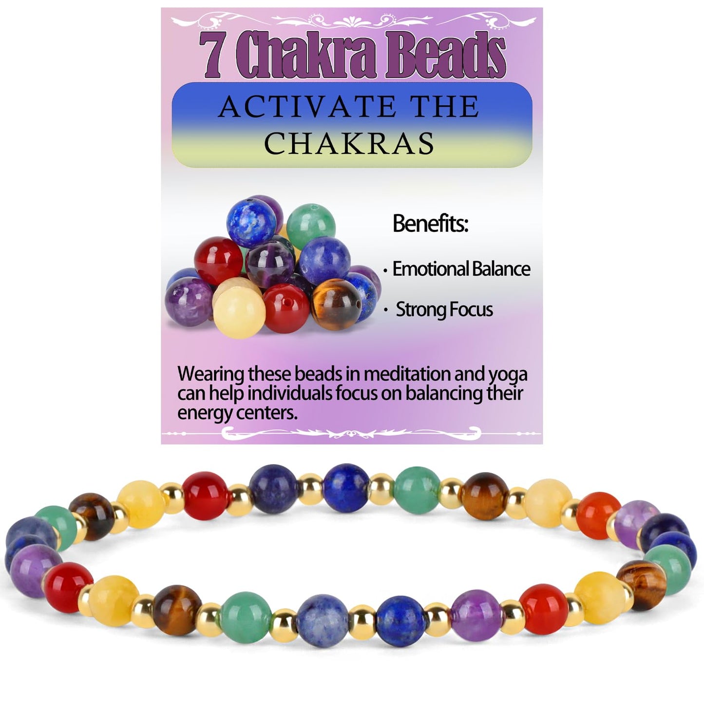 QOGIR 7 Chakra - Activate The Chakras - 14K Gold Plated Beads Natural Gemstone Stretch Elastic Dainty Healing Beaded Bracelets Gifts 4mm