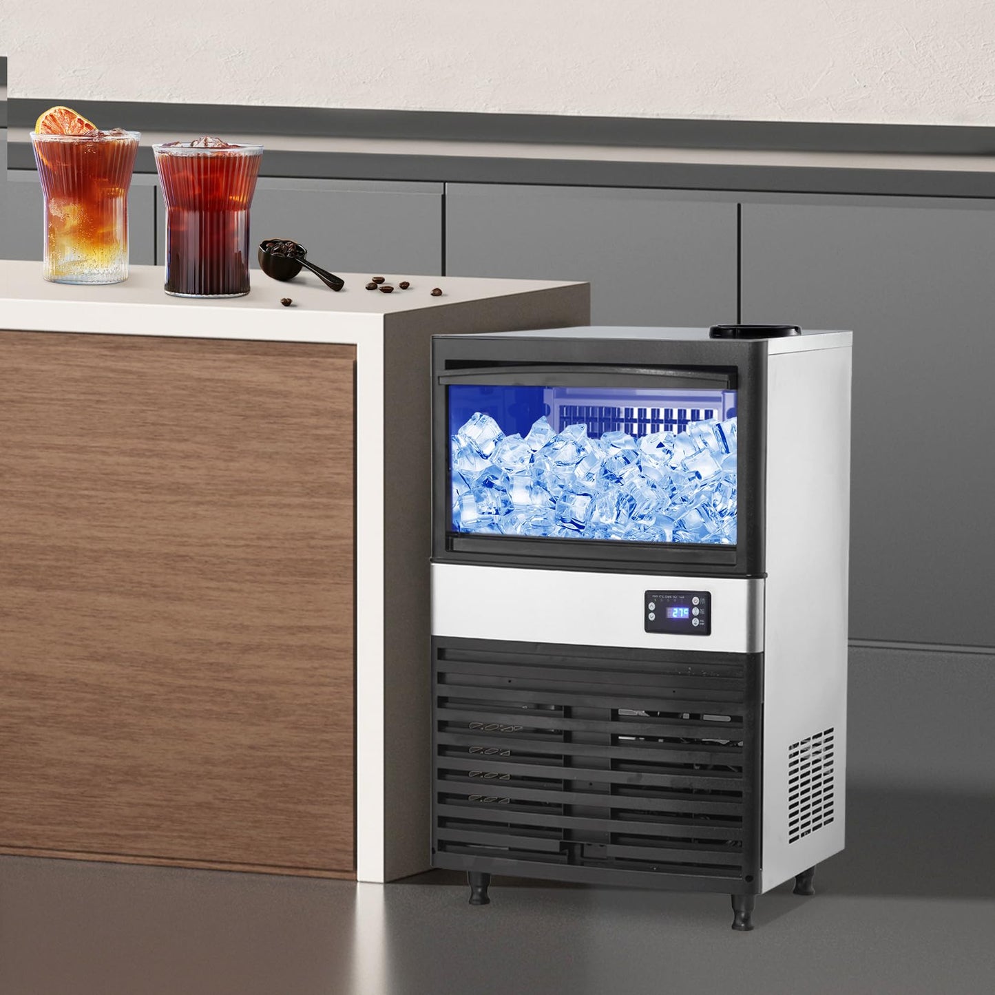 Commercial Ice Maker, 2 Water Inlet Modes, Ice Machine 120Lbs/24H with 30Lbs Storage Capacity, 60Pcs/Cycle Ice Cubes, Stainless Steel Freestanding Ice Machine for Home/Shop/Office/Bar
