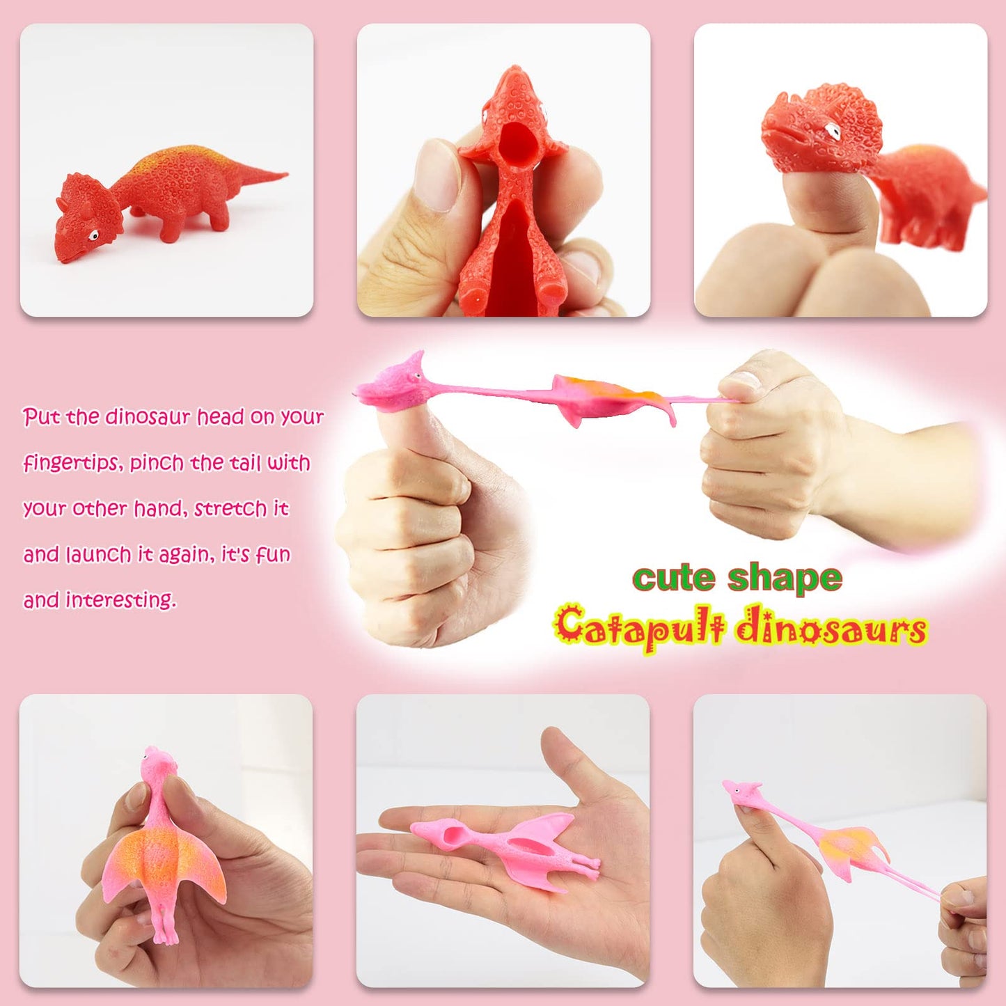 Pushmick 30 Pcs Slingshot Dinosaur Finger Toys, catapult toys as fun as slingshot chicken, cute shapes, more colors, Great for Flying Games and Party Favors.