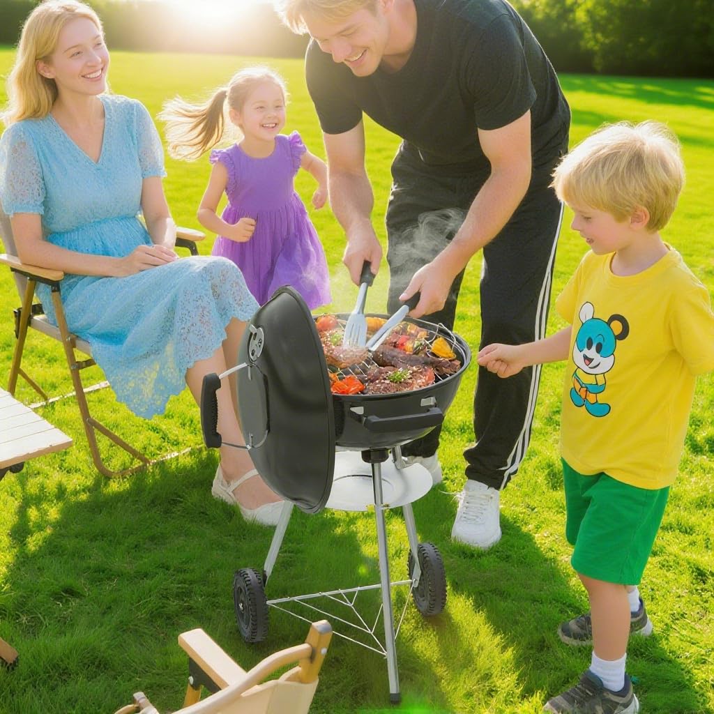 GRiliFE 18 inch Charcoal Grill, Portable Kettle BBQ Grills, Perfect BBQ Gift, Durable & Easy to Assemble, Round Barbecue Grill with Wheels and Lid for Outdoor Cooking, Patio and Beach, Black