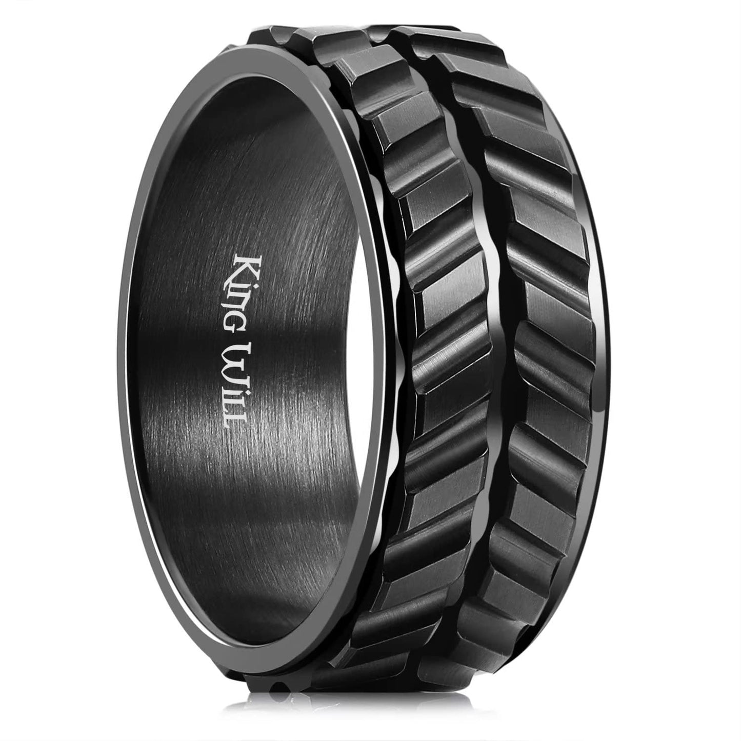 King Will Mens Black 8mm Spinner Rings Tire Stripe Groove Stainless Steel Anxiety Fidget Ring for Men Groove 8