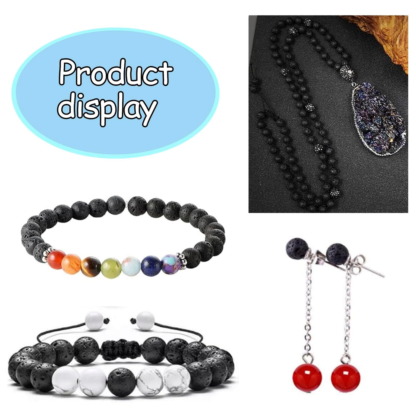 NITOPUPU 100Pcs 10mm Natural Black Volcanic Lava Gemstone Beads Round Loose Stone Beads for Jewerly Making with Crystal Stretch Cord