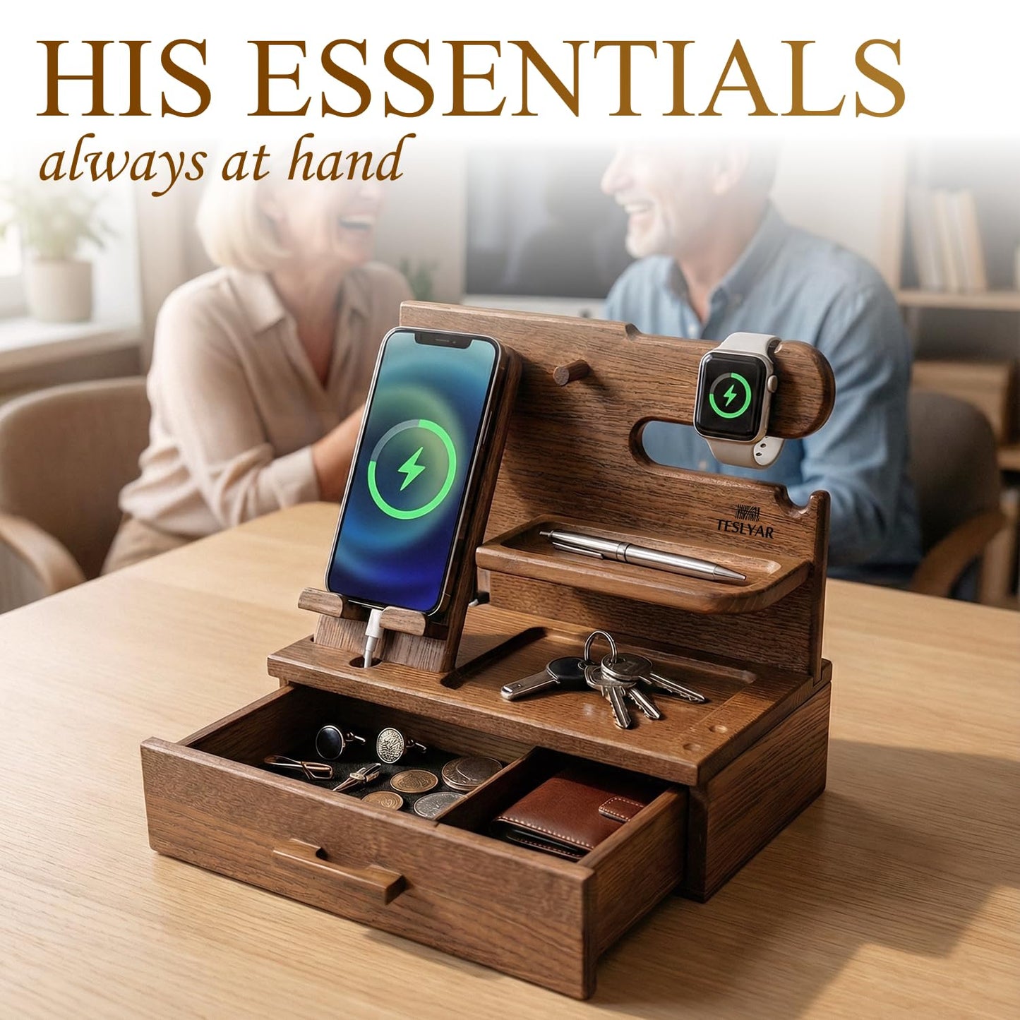 TESLYAR Wood Phone Docking Station with Drawer - Nightstand Organizer - Desk Organizer for Husband - Birthday Gifts for Men, Dad, Anniversary Idea, Key Holder Stand Watch & Accessories (Antique Brown)