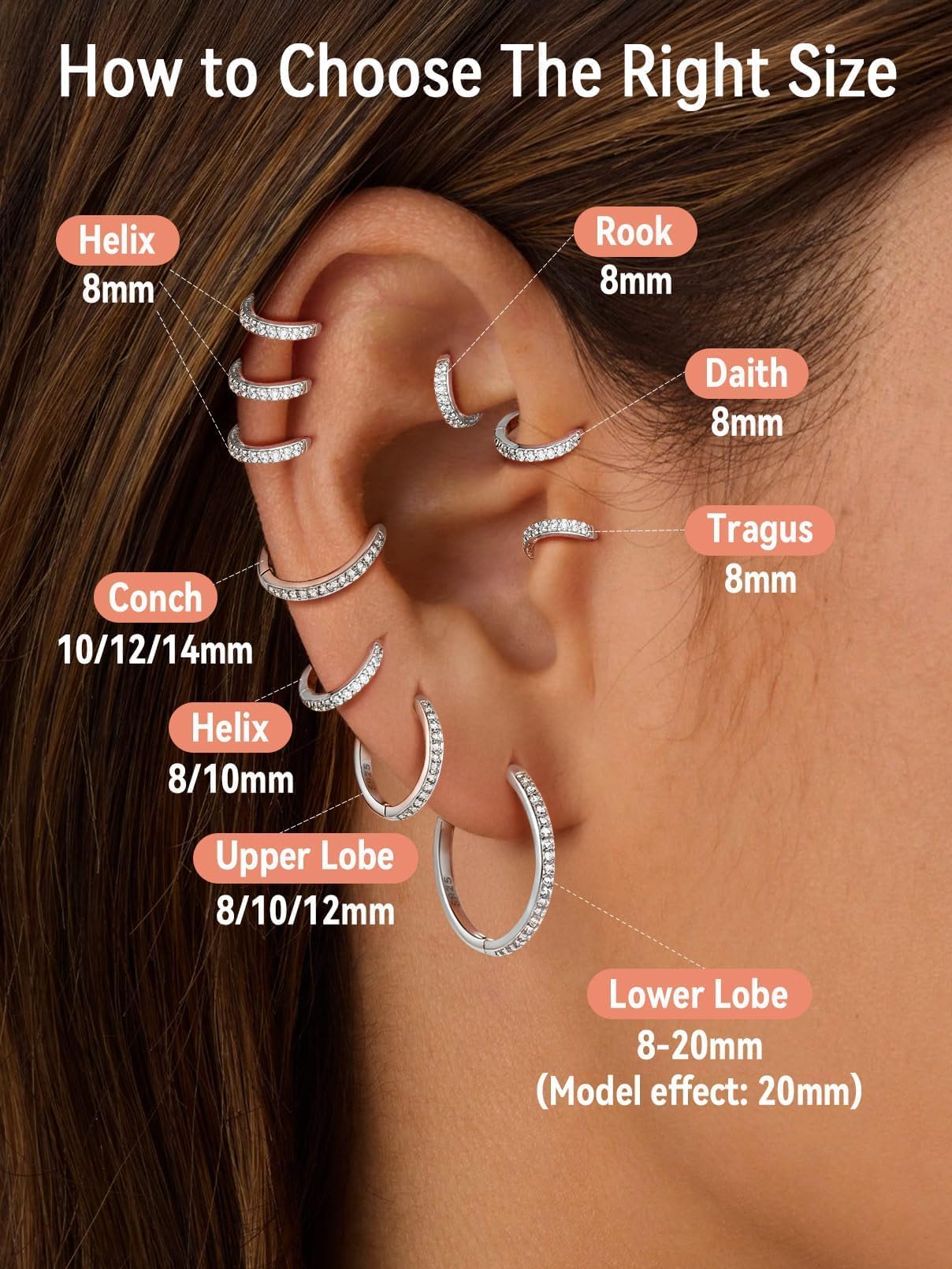 FaithHeart 925 Sterling Silver Cubic Zirconia Huggie Hoop Earrings, Small Silver Hoop Earring for Women, Hypoallergenic Cartilage Earrings for Women 8mm