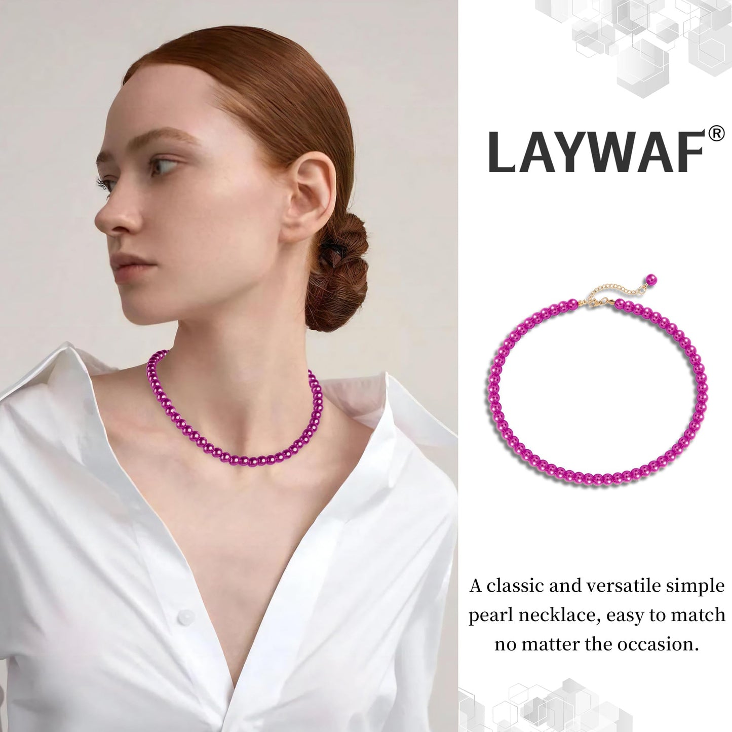 LAYWAF Imitation Pearl Fuchsia Hot Pink Necklace for Women, Fake Pearl Choker, 8MM Beaded Necklace, Simple Dainty Faux Pearl Jewelry for Mom Wedding, Costume Pearl Accessories