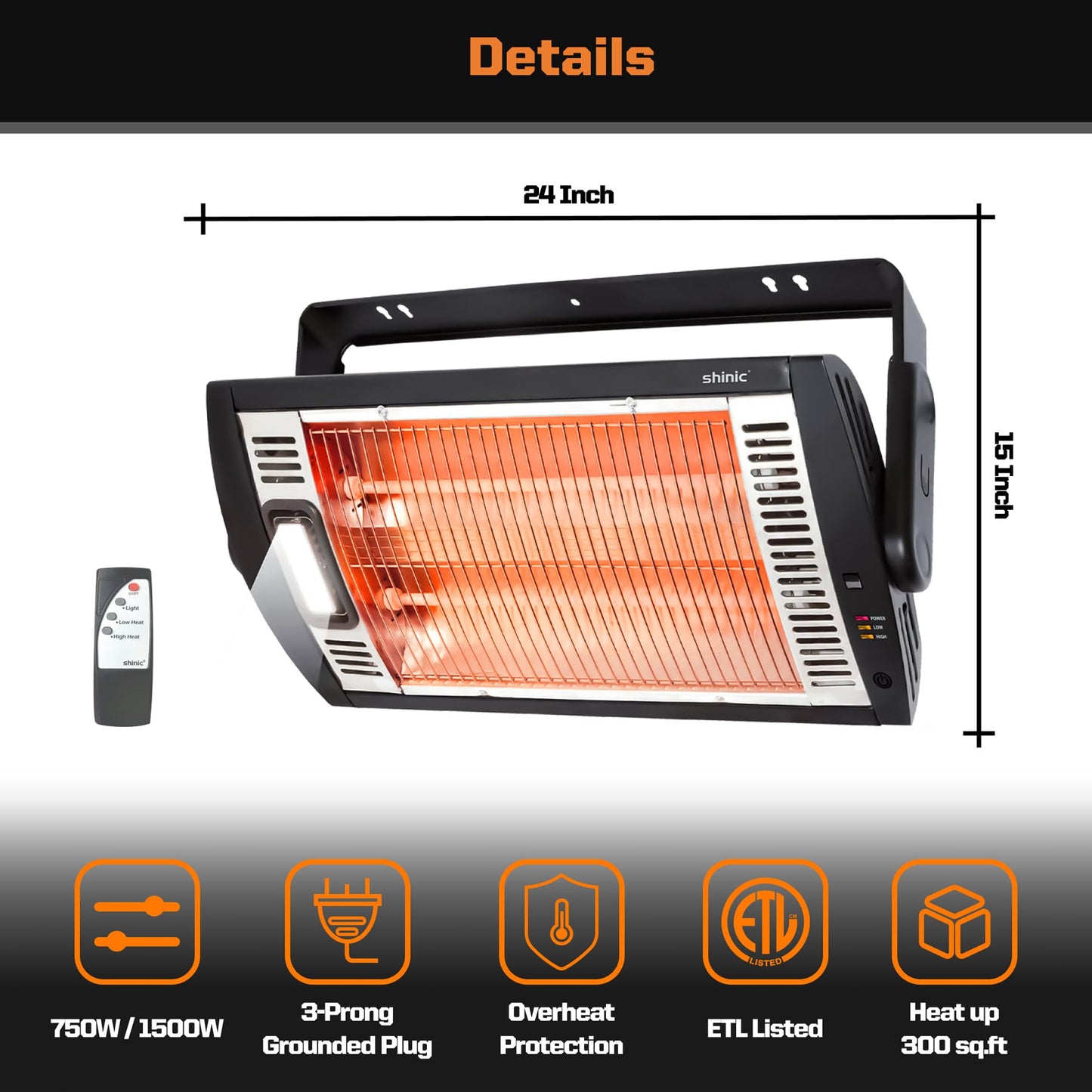 Shinic Electric Garage Heaters with Remote Control, 1500W/750W Ceiling Mounted Radiant Quartz Heater with Work Light, 90° Rotation, 5 Mode Settings, Electric Heater for Garage, Shop, Patio Large Room