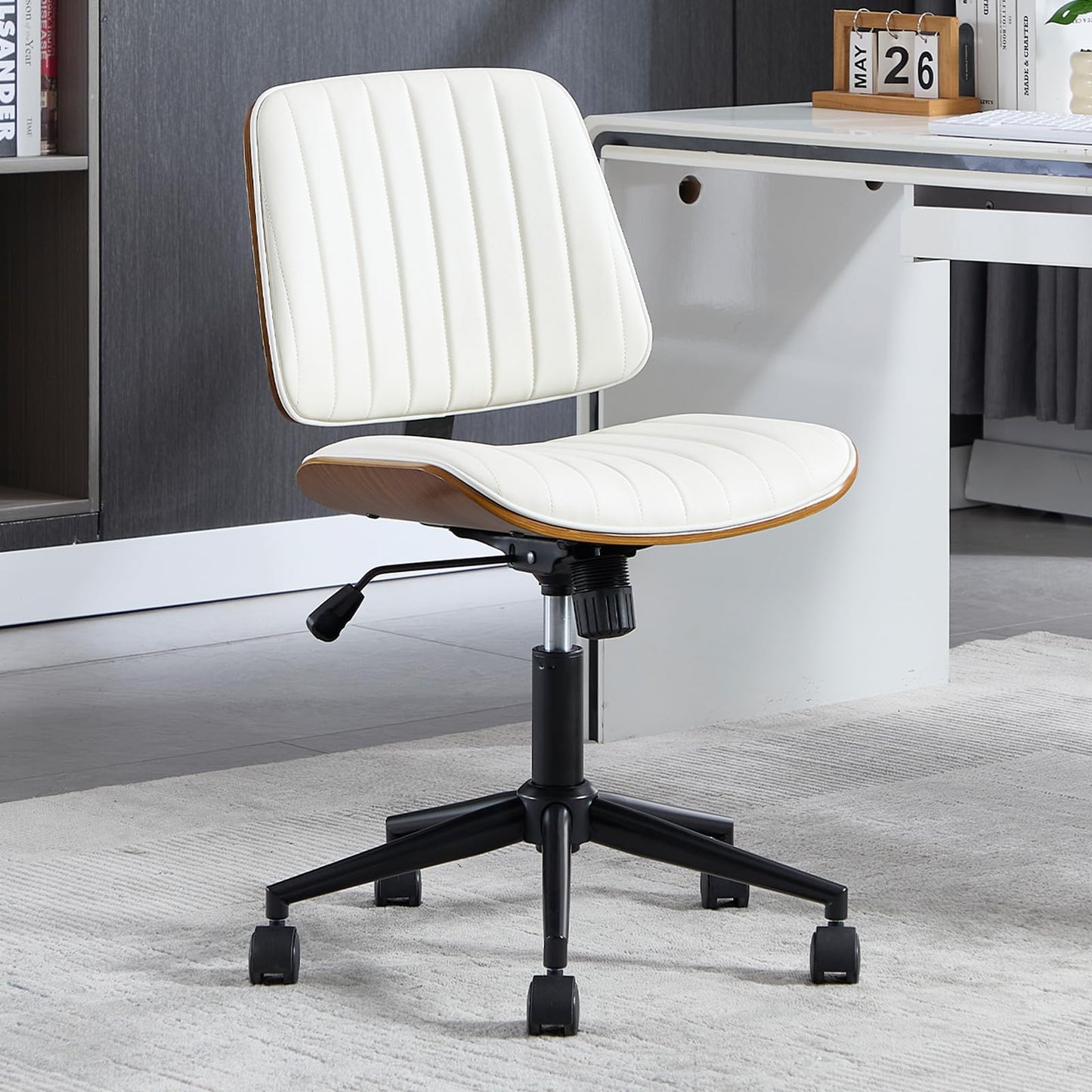 VipDesk Small Home Office Chair - Armless Mid Back Desk Chair with 360° Swivel and Wheels, PU Upholstered Height Adjustable Modern Walnut Computer Chair for Home, Office Meeting Room - Black