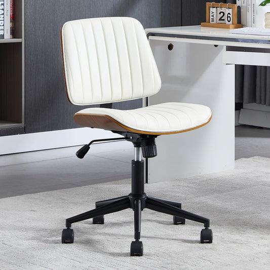 VipDesk Small Home Office Chair - Armless Mid Back Desk Chair with 360° Swivel and Wheels, PU Upholstered Height Adjustable Modern Walnut Computer Chair for Home, Office Meeting Room - Black