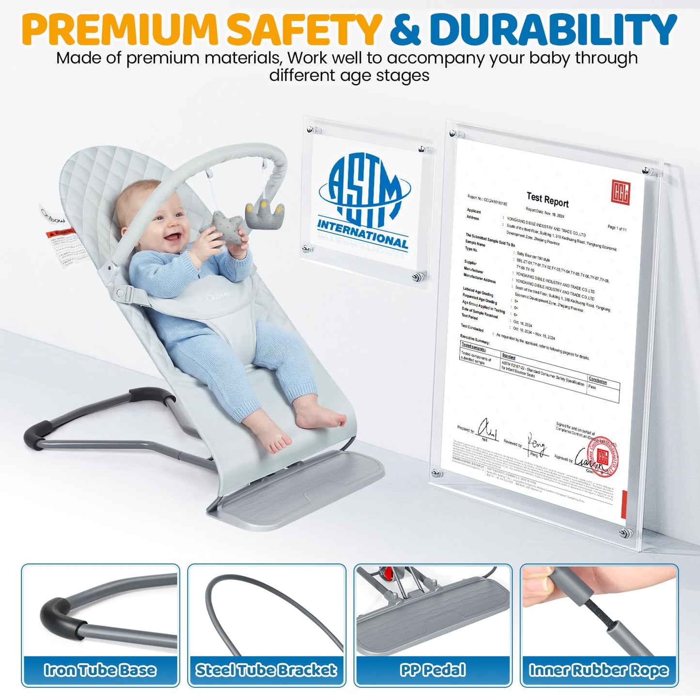 Orzbow Portable Baby Bouncer, Foldable Baby Bouncer Seat with Removable Play Bar, 3 Recline Positions, Infant, 0-12 Months Up to 20 lbs, Ergonomic Design, Easy to Assembly, Grey