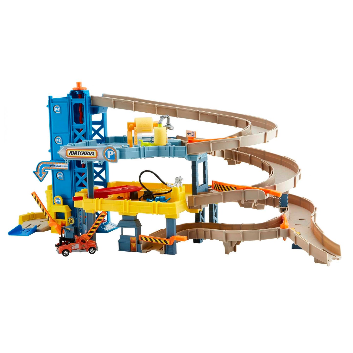 Matchbox Toy Cars Playset, 4-Level Garage & 1:64 Scale Tow Truck, Kid-Powered Elevator, Car Repair Station & Spiral Ramp