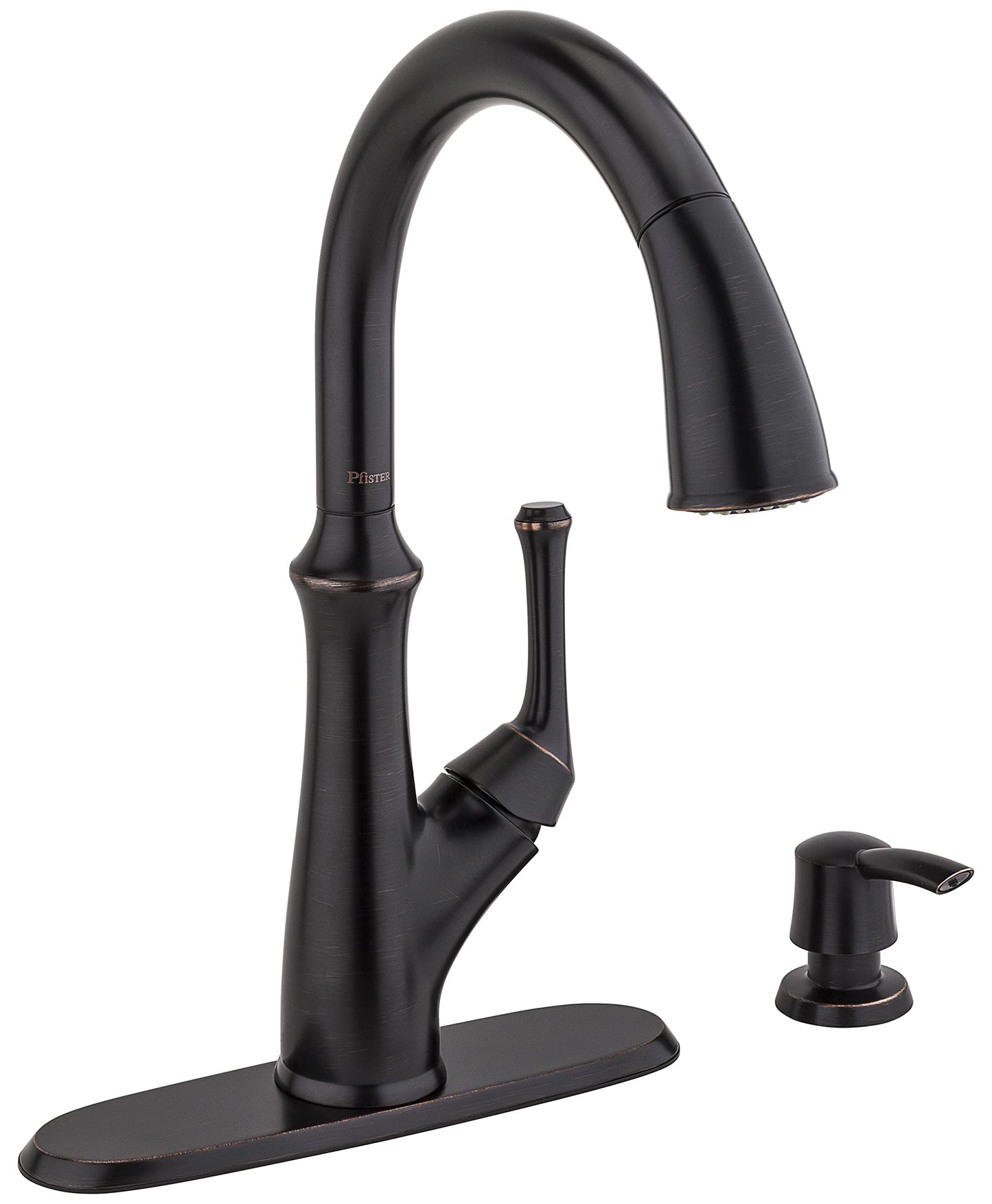 Pfister Tamera Kitchen Faucet with Pull Down Sprayer and Soap Dispenser, Single Handle, High Arc, Tuscan Bronze Finish, F5297TAY
