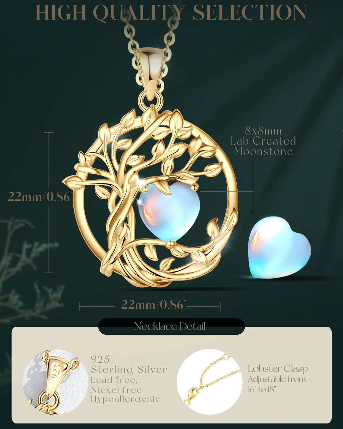 FANCIME Tree of life Moonstone necklace Sterling Silver Yellow Gold Plated June Birthstone Pendant Rainbow Gemstone Birthday Mothers Day Gifts for Women Wife Mom Her
