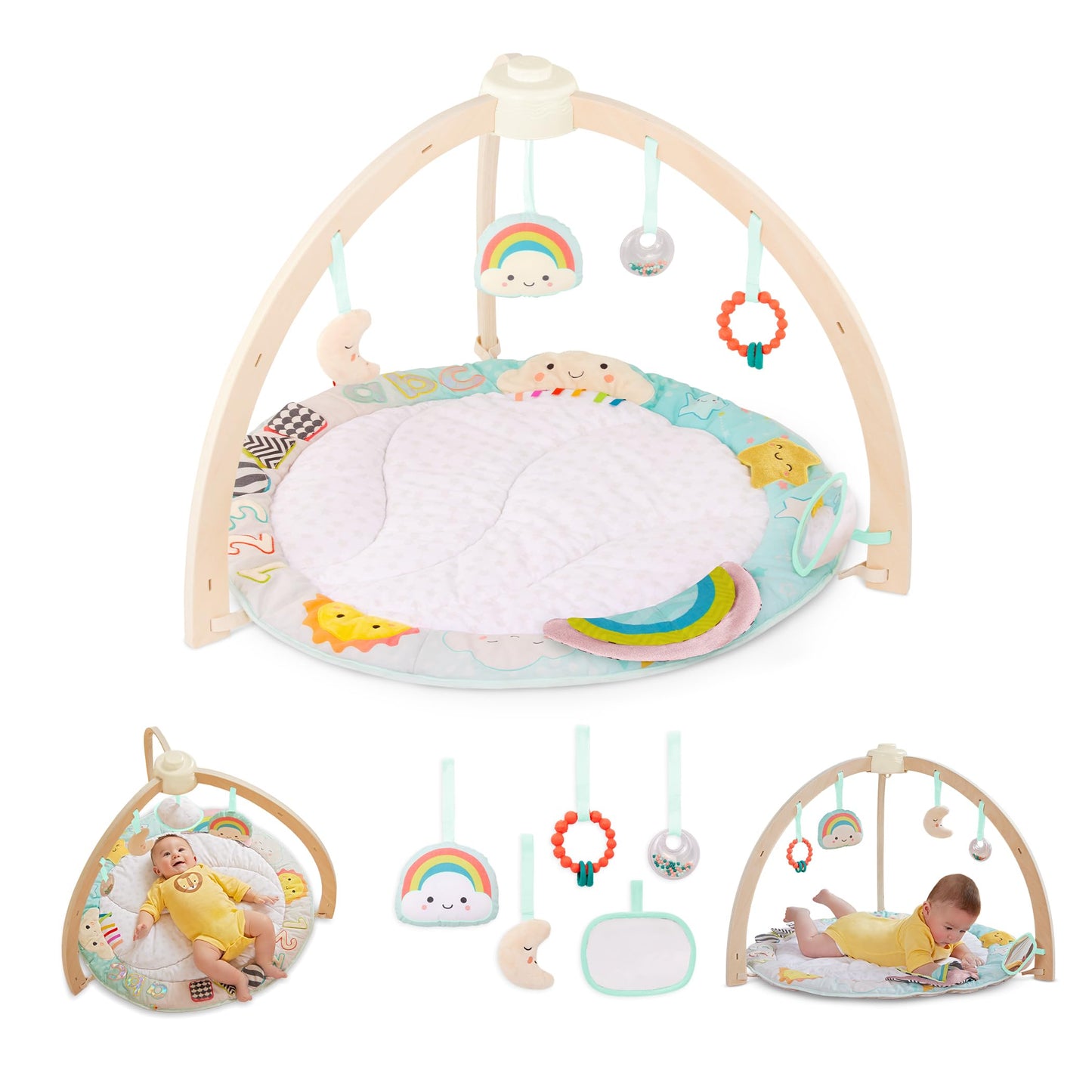 B. toys – Wooden Baby Gym & Soft Play Mat with 5 Hanging Sensory Toys for Newborns – Sunrise to Sunset Design – Tummy Time & Motor Skills – for Babies 0+ Months