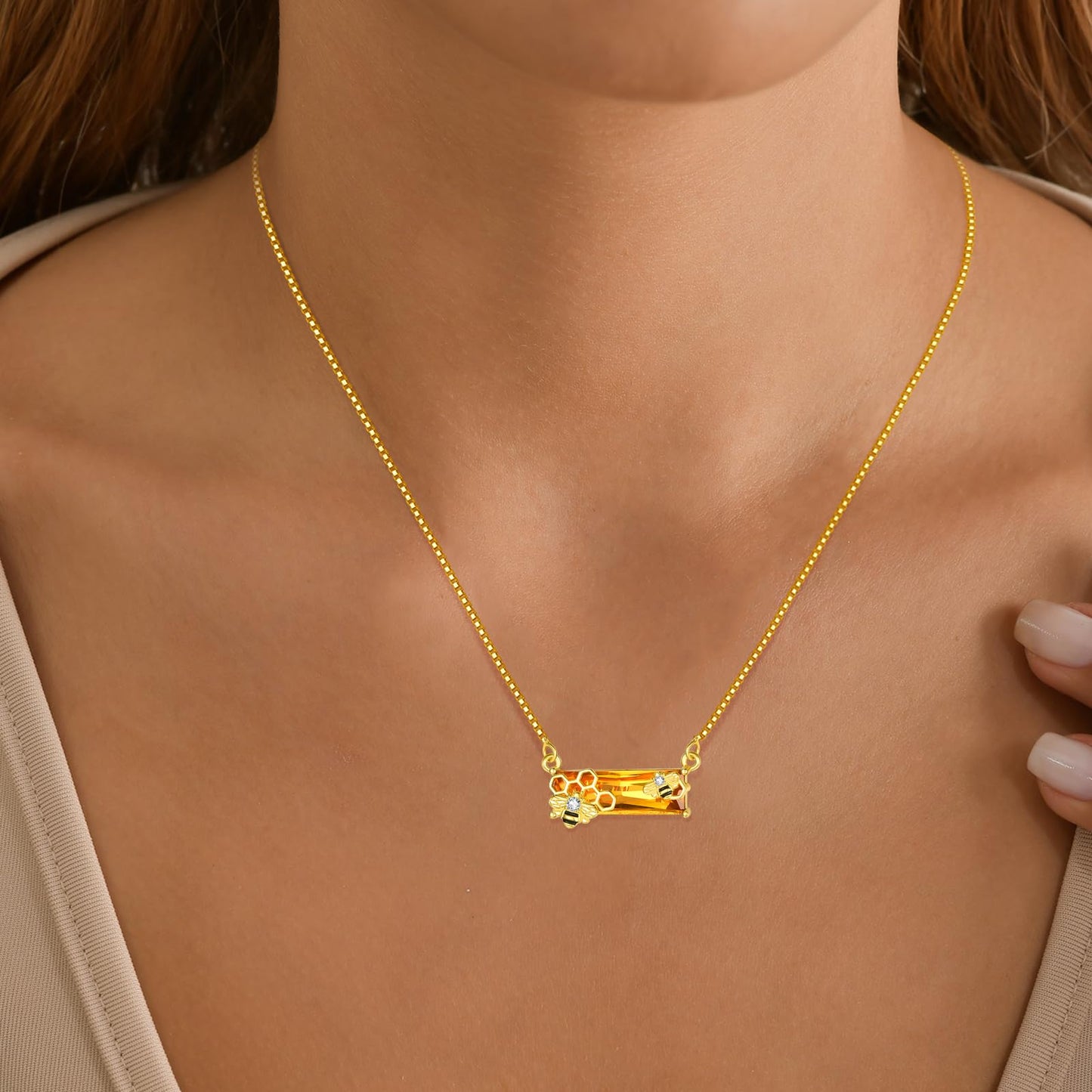 AENEAS Valentines Day Gifts for Women Her Bee Necklace 18K Gold Over 925 Sterling Silver Honeycomb Pendant Citrine Crystal Bumble Jewelry Cute Animal Christmas Gifts for Women Wife Her