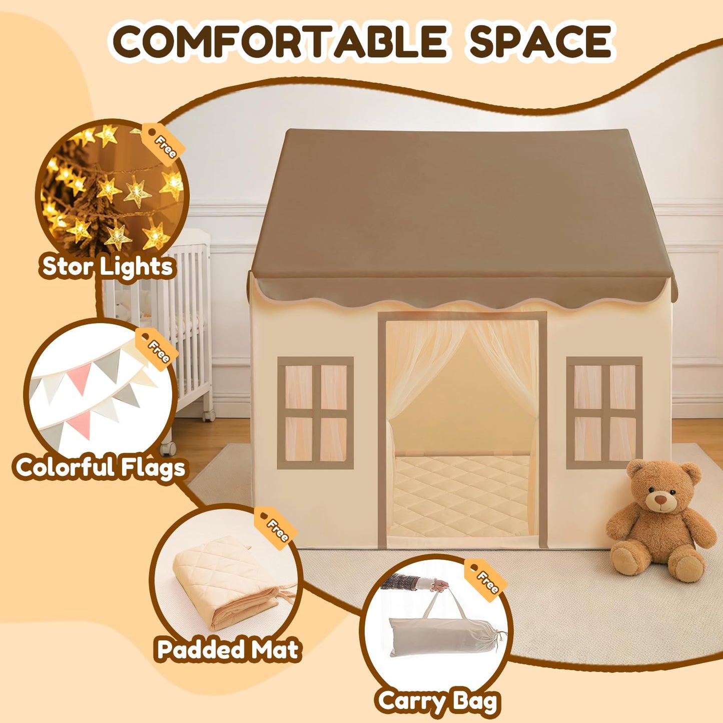 WIRHAO Kids Tent with Padded Mat Playhouse with Large Space for Toddlers Indoor Kids Play Tent for Girls Boys with Stars Lights, Carry Bag, Banner Flag (Brown)