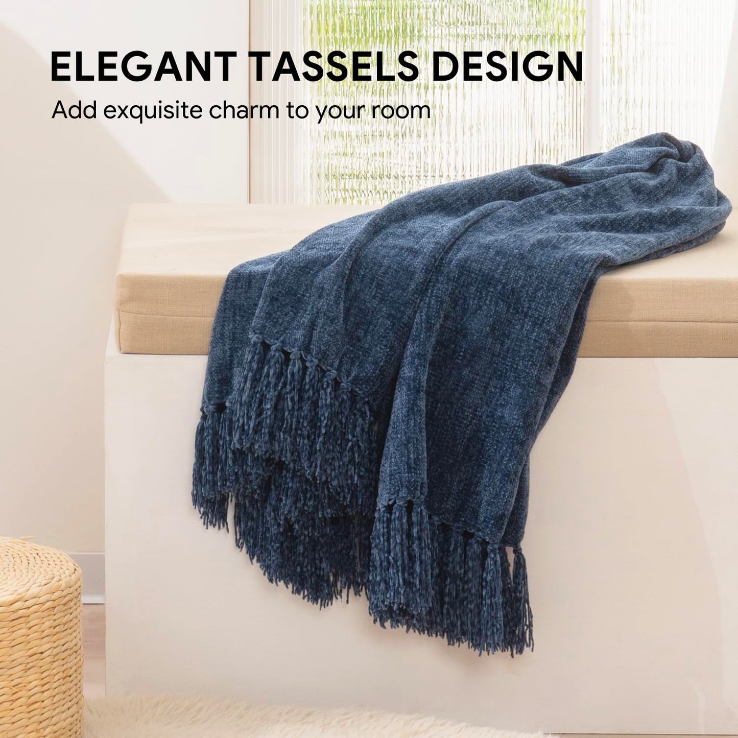 RECYCO Throw Blanket Soft Cozy Chenille Throw Blanket with Fringe Tassel for Couch Sofa Chair Bed Living Room Gift (Blue, 50'' x 60'')