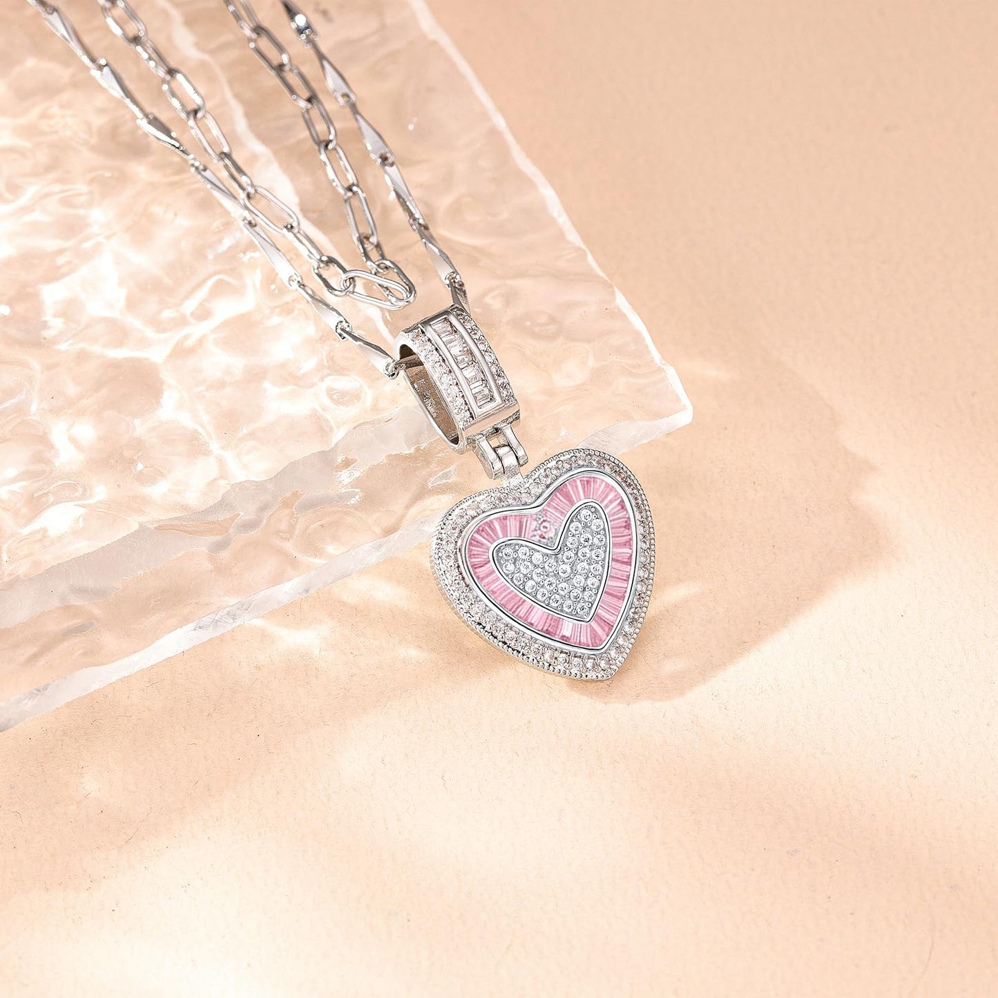 MEIITRUE Heart Necklaces for Women Trendy 14k White Gold Plated Dainty Layered Necklace Set Cubic Zirconia Love Pendant Choker Thin Paperclip Chain Stackable Jewelry Gift Pink