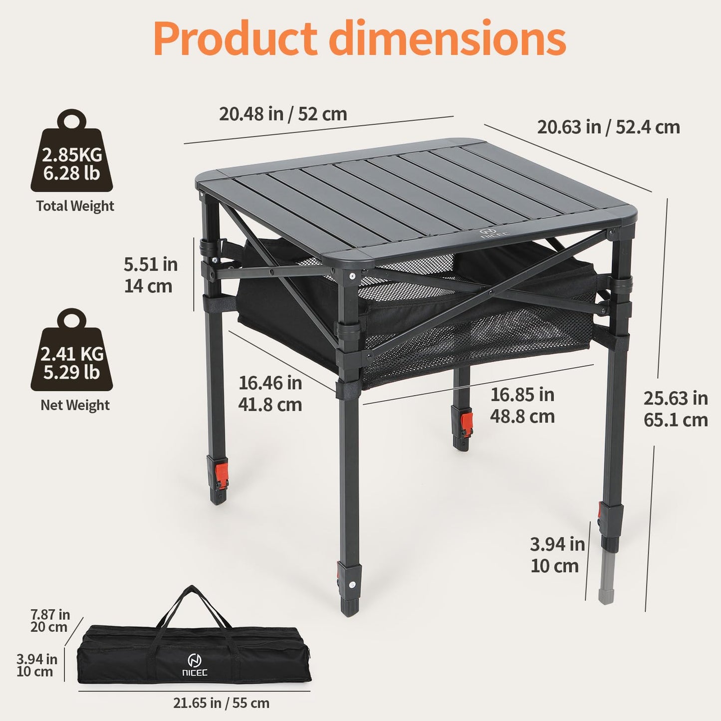 Nice C Aluminum Square Table, Adjustable Height Folding Camping Table, Lightweight Collapsible Table with Roll-up Tabletop, Carry Bag, for Outdoor, Camping, Picnic, backyards, BBQ (20'' Medium)