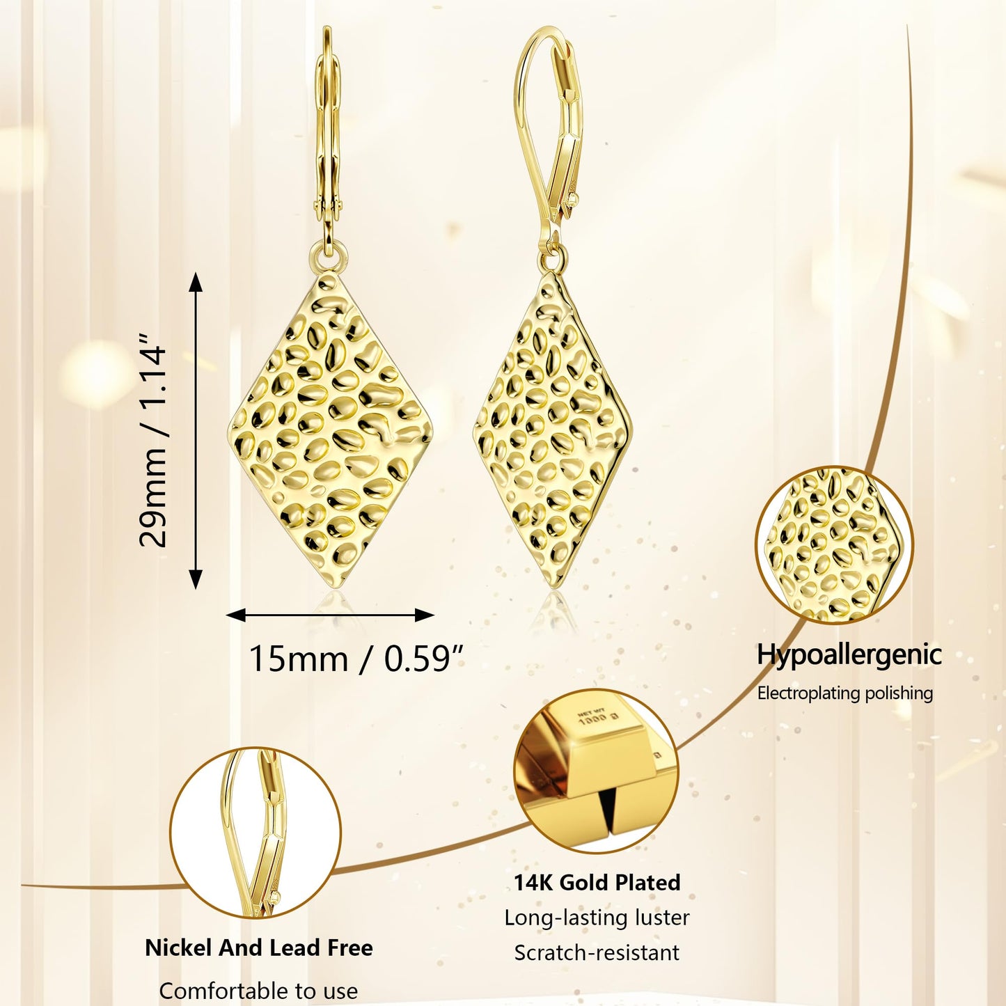 ALEXCRAFT Rhombus Gold Hammered Dangle Earrings for Women Hypoallergenic 14K Gold Drop Leverback Earrings Geometry Hammered Dangle Earings for Women Jewelry Gifts