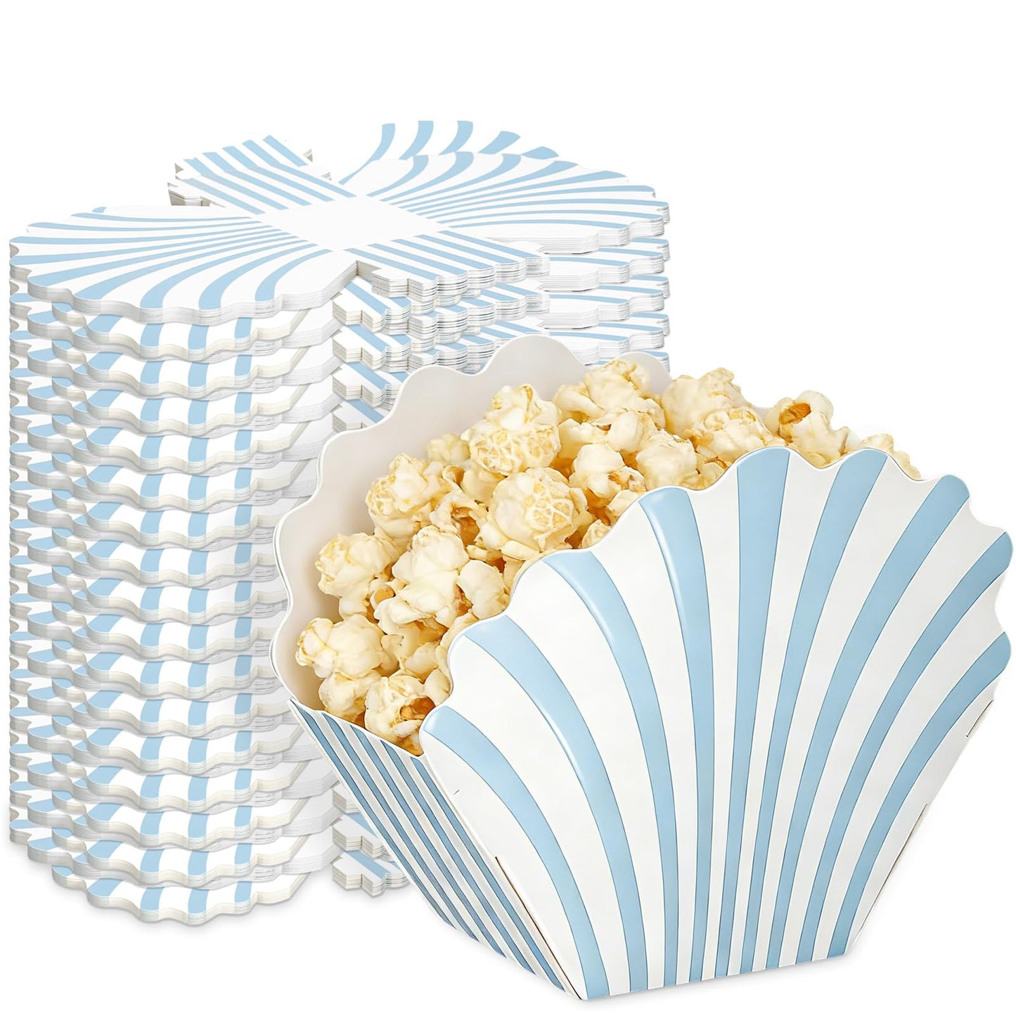 LemonRoad 24 Pcs Scalloped Blue Striped Popcorn Boxes Shell Last Toast on the Coast Party Favor Blue Seashell Treat Boxes for Coastal Beach Mermaid Themed Supplies Ocean Under the Sea Party Favors