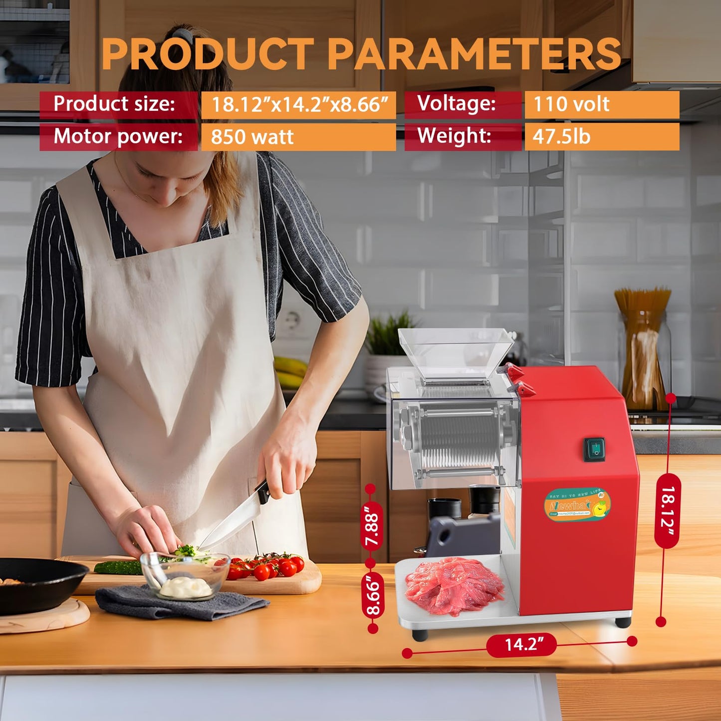 Newhai 850W Meat Cutter Machine, Commercial Meat Cutting Machine 7mm Heavy Duty, Stainless Steel Meat Slicer Shredder Restaurant, for Boneless Meat Soft Vegetables