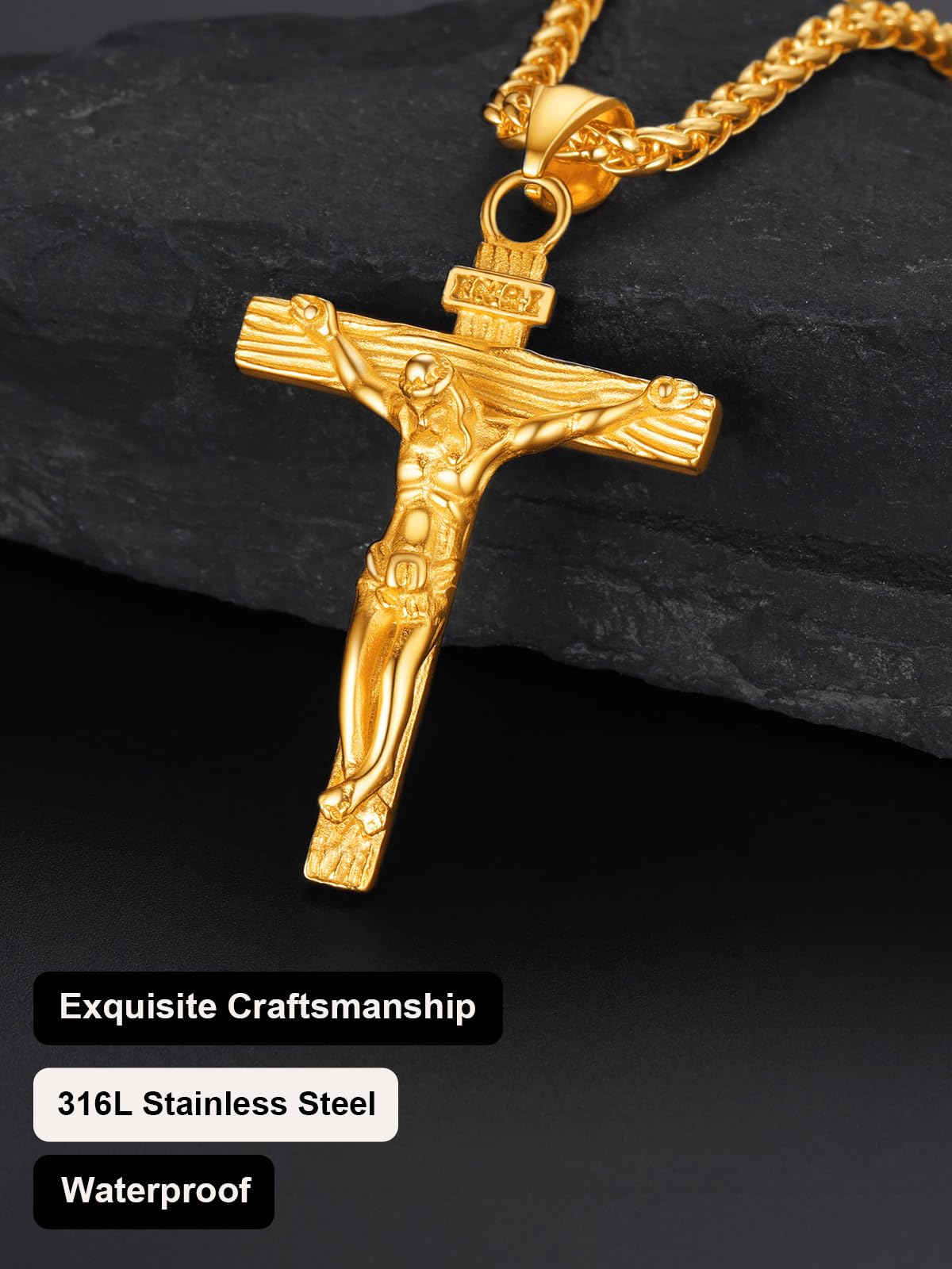 U7 Crucifix Cross Necklace 18K Gold Plated Crucifix Necklace Cross Pendant for Men with Rope Chain 26"(Gold)