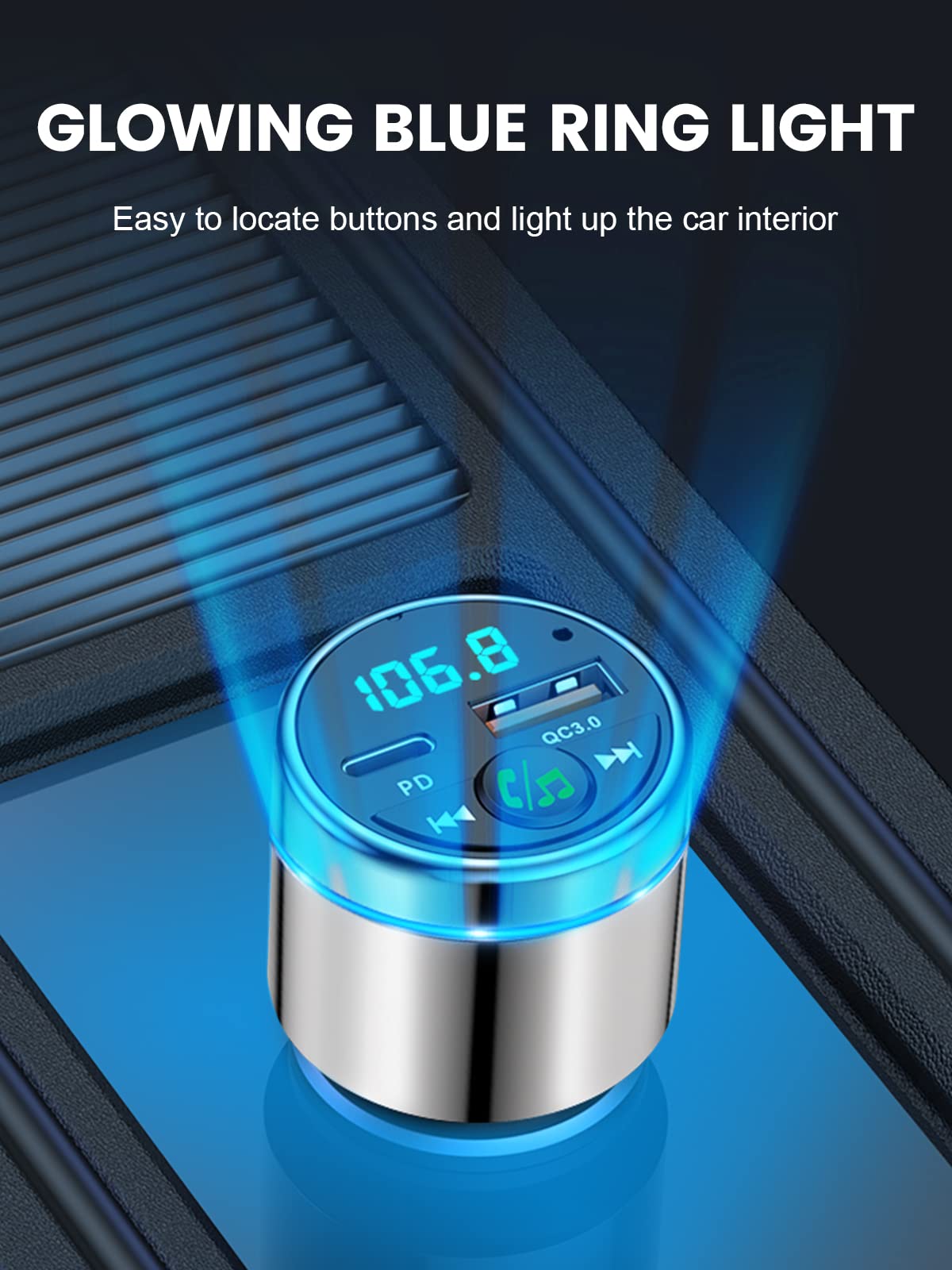 FM Transmitter for Bluetooth 5.3, [All-Metal] PD 30W & QC3.0 18W Fast Car Charger, Wireless FM Radio Kit Bluetooth Car Adapter, Noise Cancelling Hands-Free Call, Blue Light - Silver
