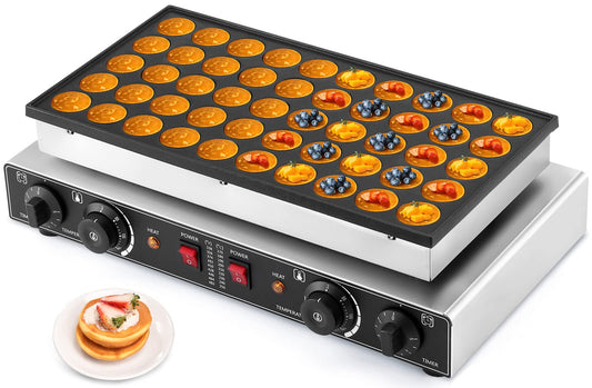 LANUEVA Mini Dutch Pancake Maker with Recipe, 50pcs 1.6" Electric Pancake Maker Machine Non-Stick Coating, Stainless Steel, Fast Heating, Home & Commercial Use (110V)