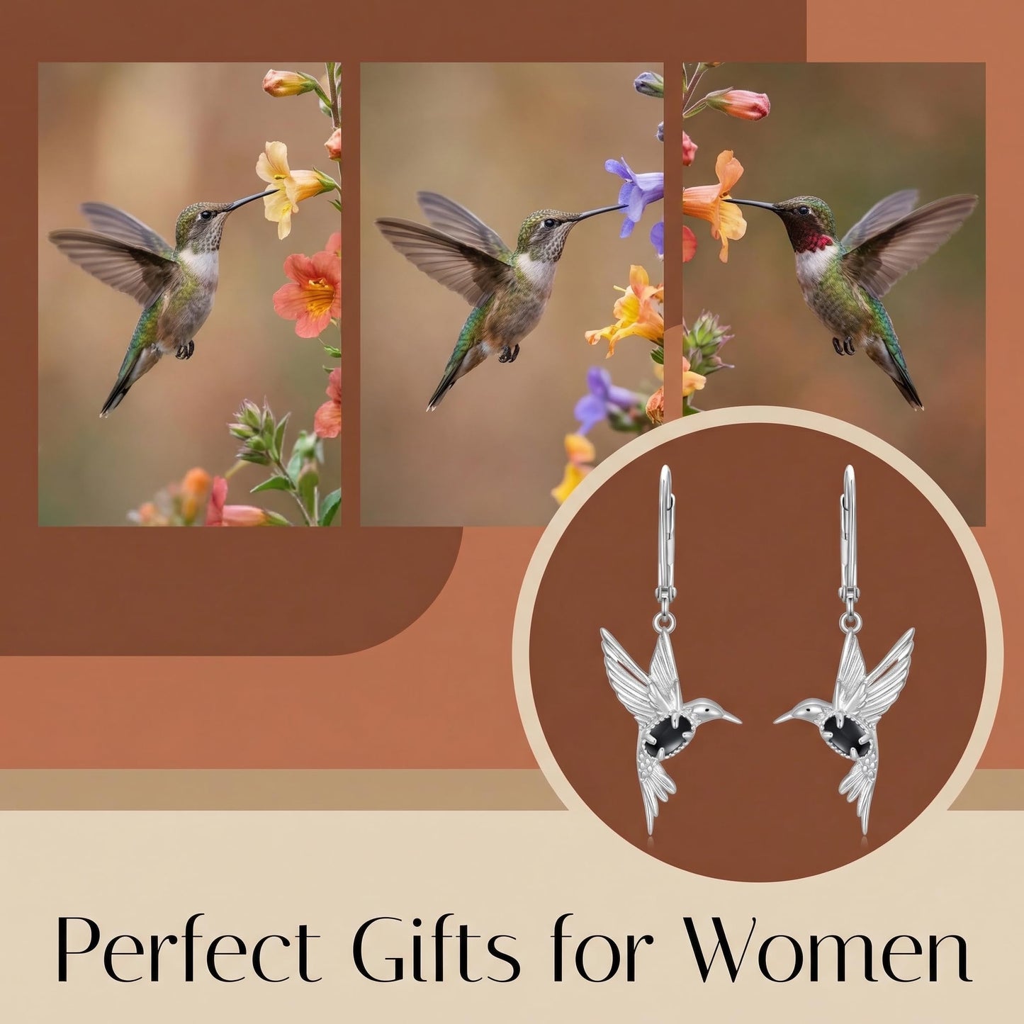 BETHZA Hummingbird Earrings 925 Sterling Silver Natural Black Onyx Hummingbirds Drop Dangle Earring Animal Jewelry Gifts for Women