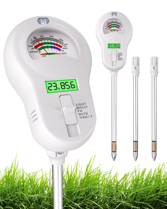 Vlantro 6-in-1 Soil Moisture Meter with 3 Probes, PH/Sunlight/Soil Moisture/Fertility with 3 Removable Probe, Digital Air Temp/Humidity, Soil Tester for Garden, Lawn, Indoor and Outdoor Plants