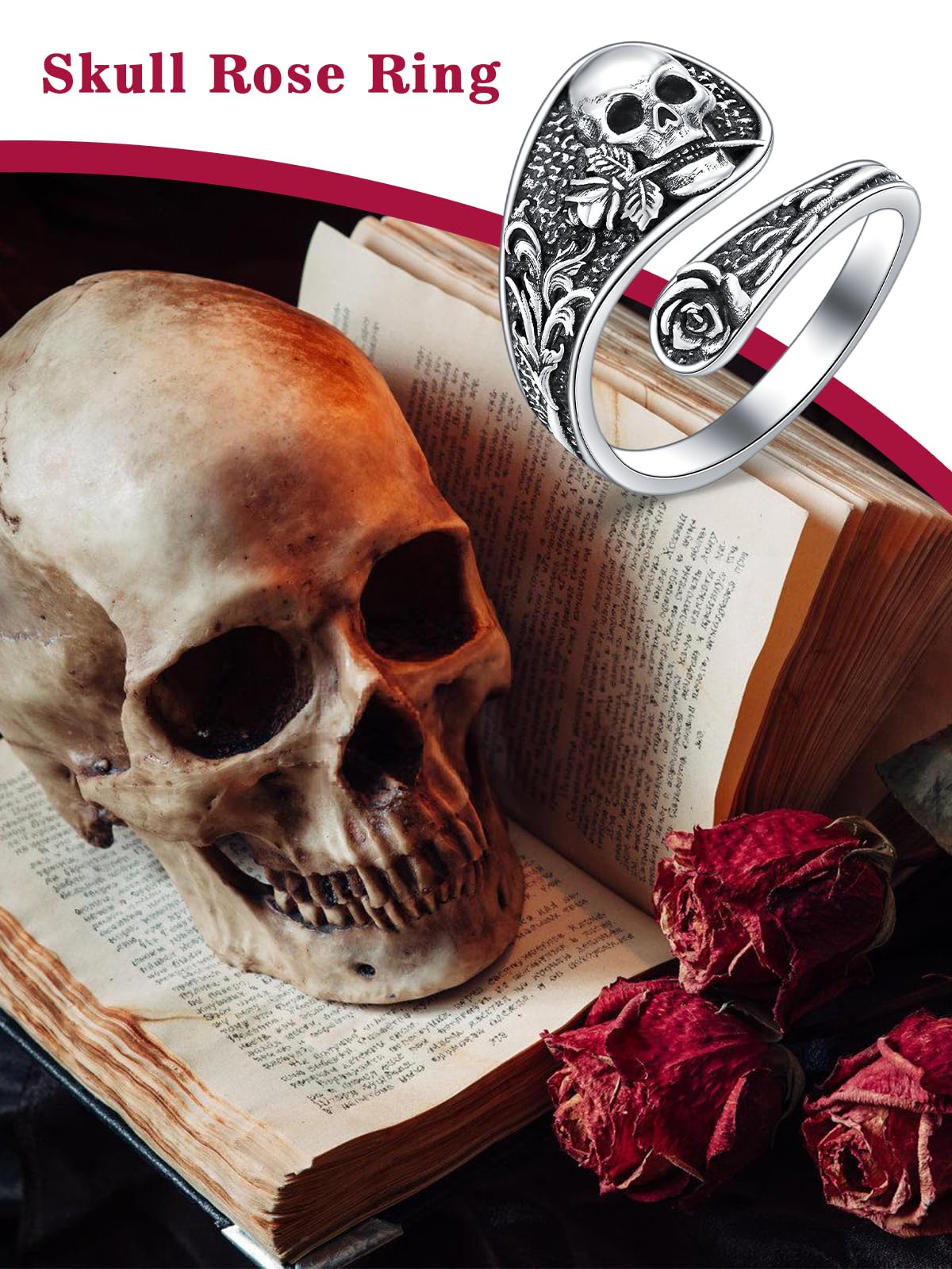 Midari Skull Rose Spoon Rings for Women 925 Sterling Silver Skull Ring Adjustable Punk Skull Rings Skull Rings Open Antique Spoon Rings Jewelry for Women Hallowee Birthday Christmas Gifts