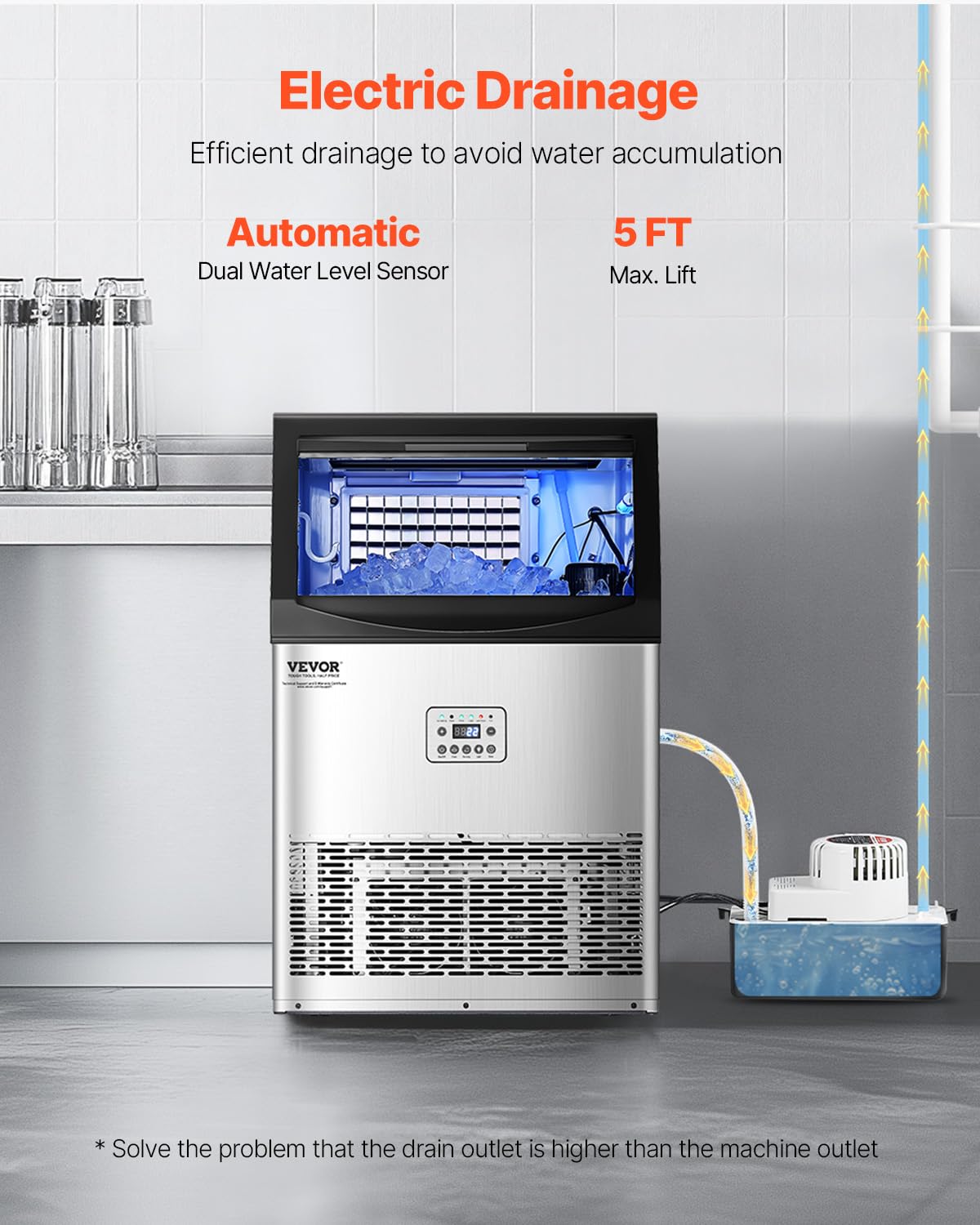 VEVOR 90lbs/24H Commercial Ice Maker Machine with Drain Pump, 33lbs Storage Capacity Ice Maker, 50 Ice Cubes in 15 Minutes, LED Digital Display Freestanding Self-Cleaning for Bar Office Restaurant
