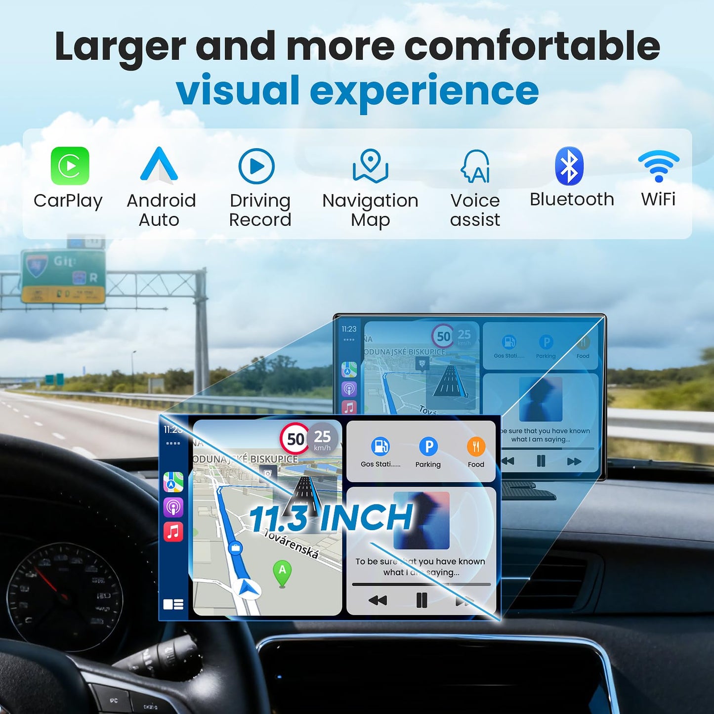 Portable A pple Carplay Screen for Car, 11.3" Extra Large Wireless Car Play & Android Auto Screen for Car, Car Stereo with 4K Dash Cam, App View, Backup Camera,GPS,Mirror Link,FM, Voice Control