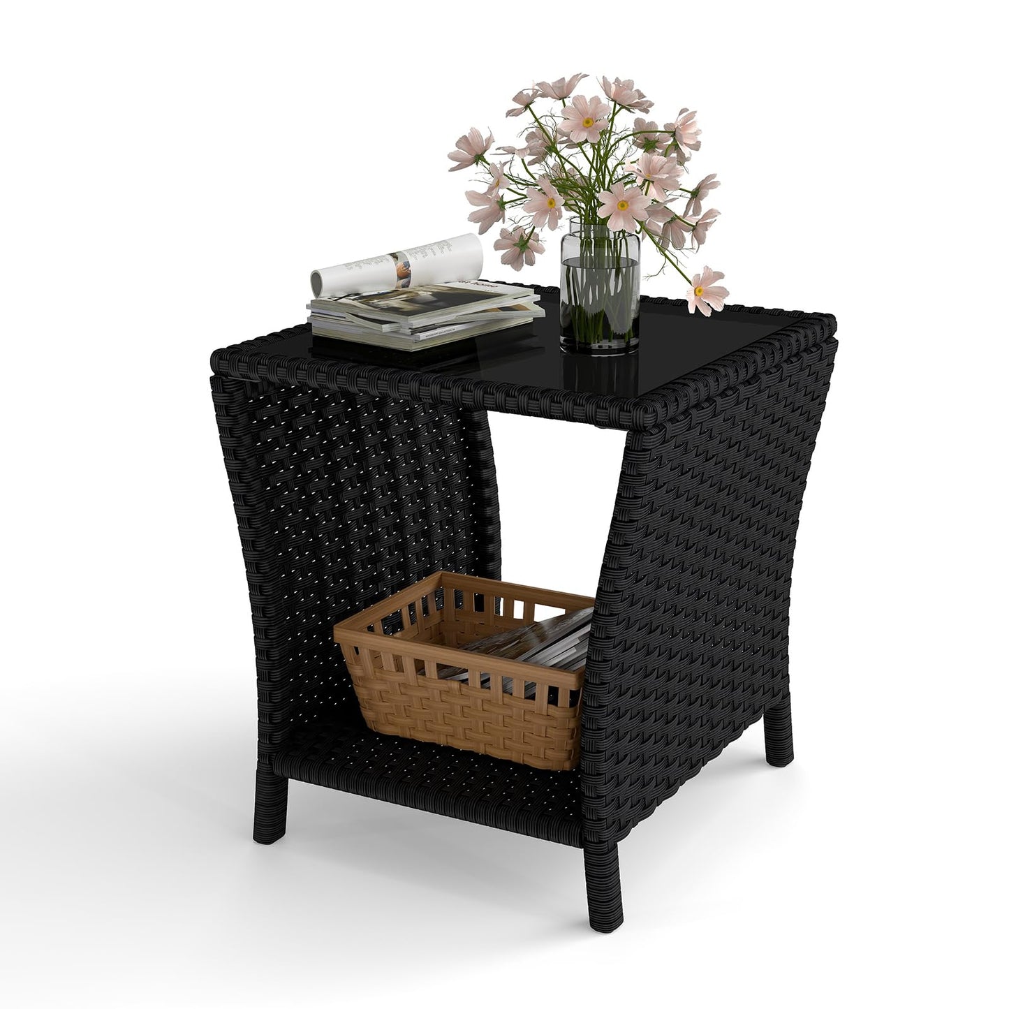 kinbor Small Outdoor Table - Tempered Glass Top Small Outdoor Wicker Side Table with Storage Shelf for Patio, Balcony & Porch, Durable PE Rattan & Iron Frame