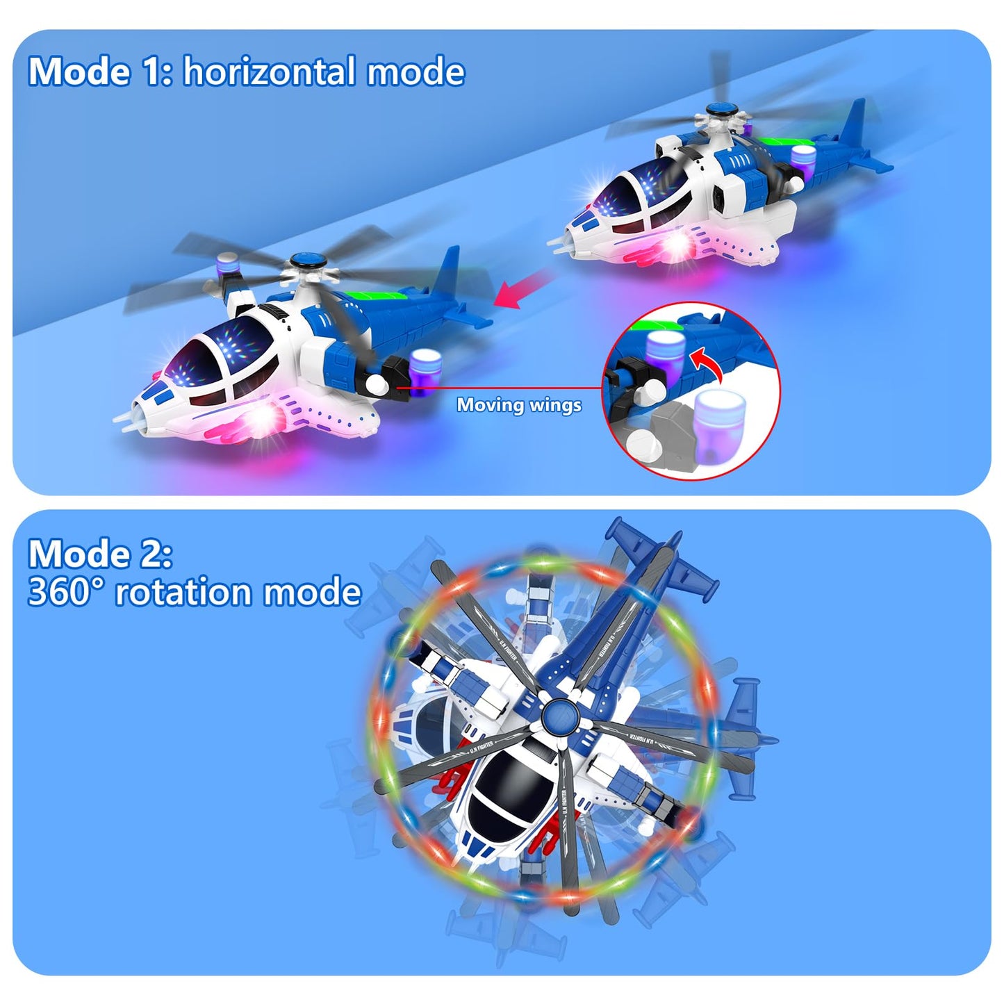 Helicopter Toy for Toddlers With Lights And Sounds, 360°Freedom And Operated Automatic Bump Autism Sensory Light Up Toys Airplane for Toddler Boy Toys 3 4 5 Year Old Up Boy Girl Birthday (Blue)