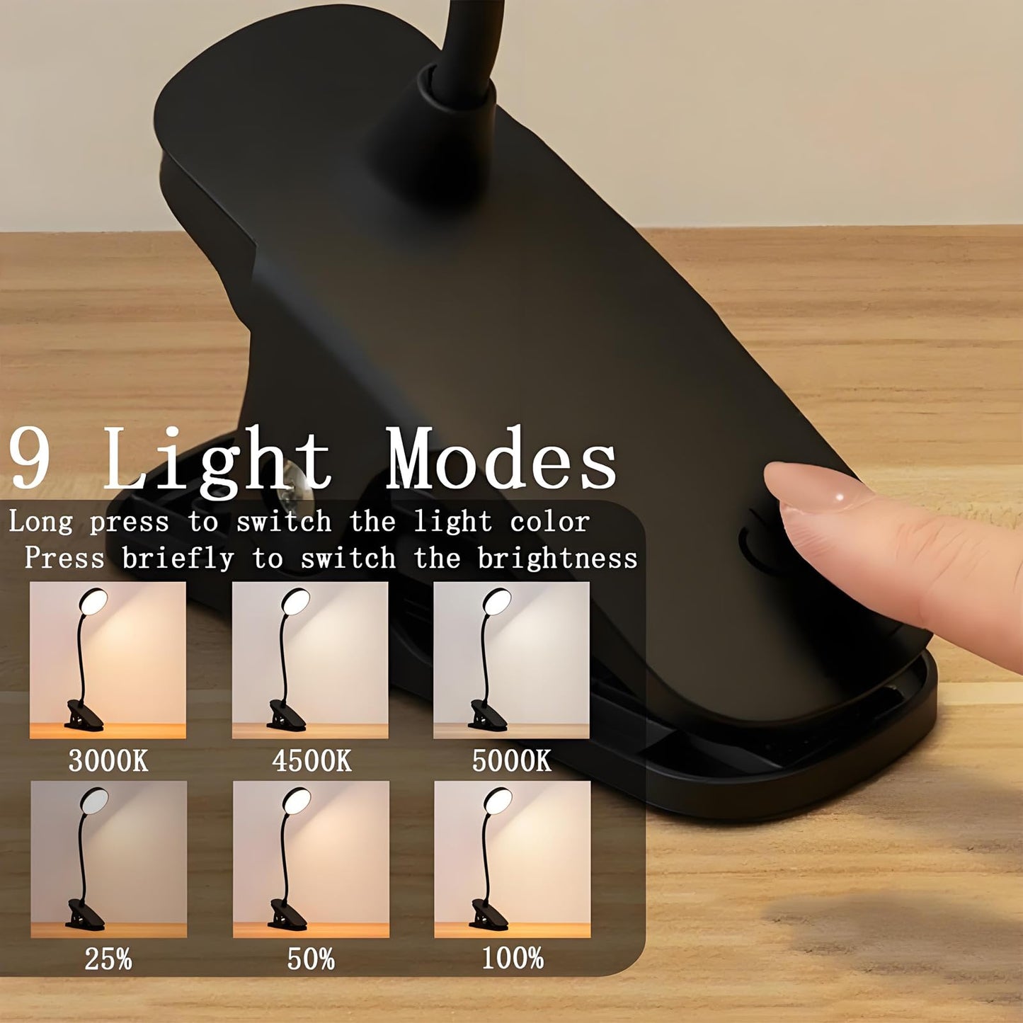 Dorm Room Essential Clip on Light, 3 Color Portable Desk Light Mini Clip Lamp, Battery Operated Small Desk Lamp with Clamp, Lightweiht Reading Lights for Books Bunk Bed Headboard Girls Guys Boys Black