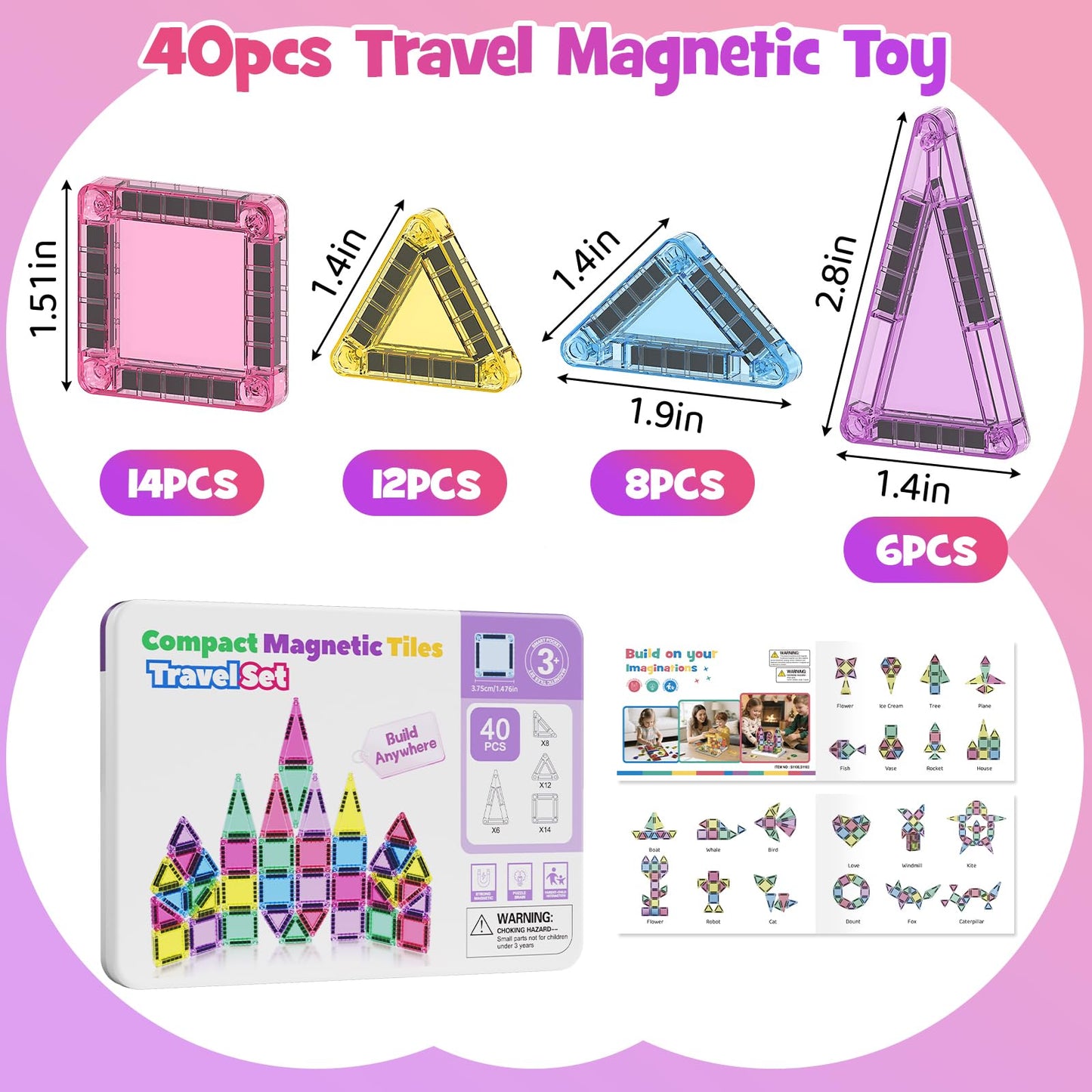 WMXDU Mini Magnetic Tiles, 40PCS Magnetic Building Blocks with Iron Box, Magnet Toys Travel Size On-The-Go Construction Set STEM Travel Toys for Boys and Girls Ages 3+