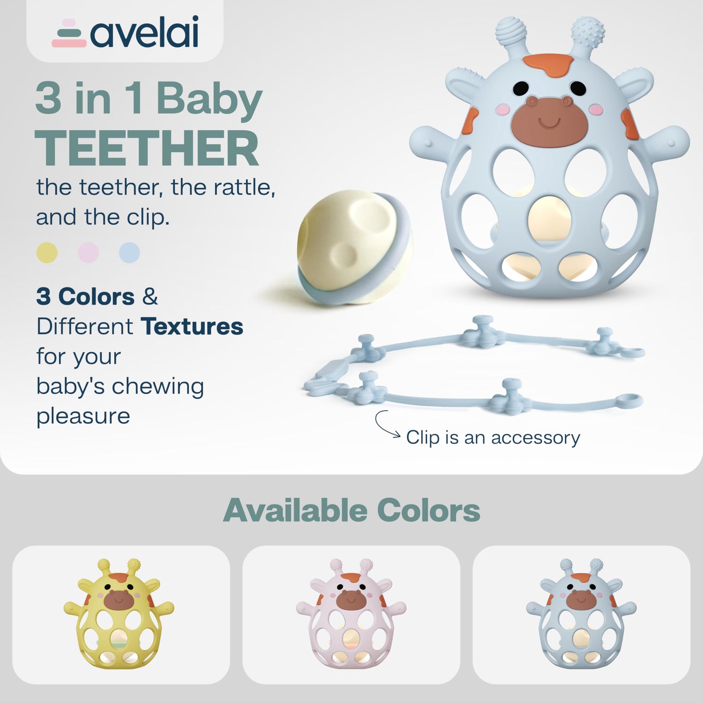 Giraffe Baby Teether with Pacifier Clip - 3 in 1 Teething Toy, Baby Rattle & Clip Set, Sensory Silicone BPA Free, Baby Toys 0-6 Months, Baby Toys 6-12 Months, Teething Relief for Babies