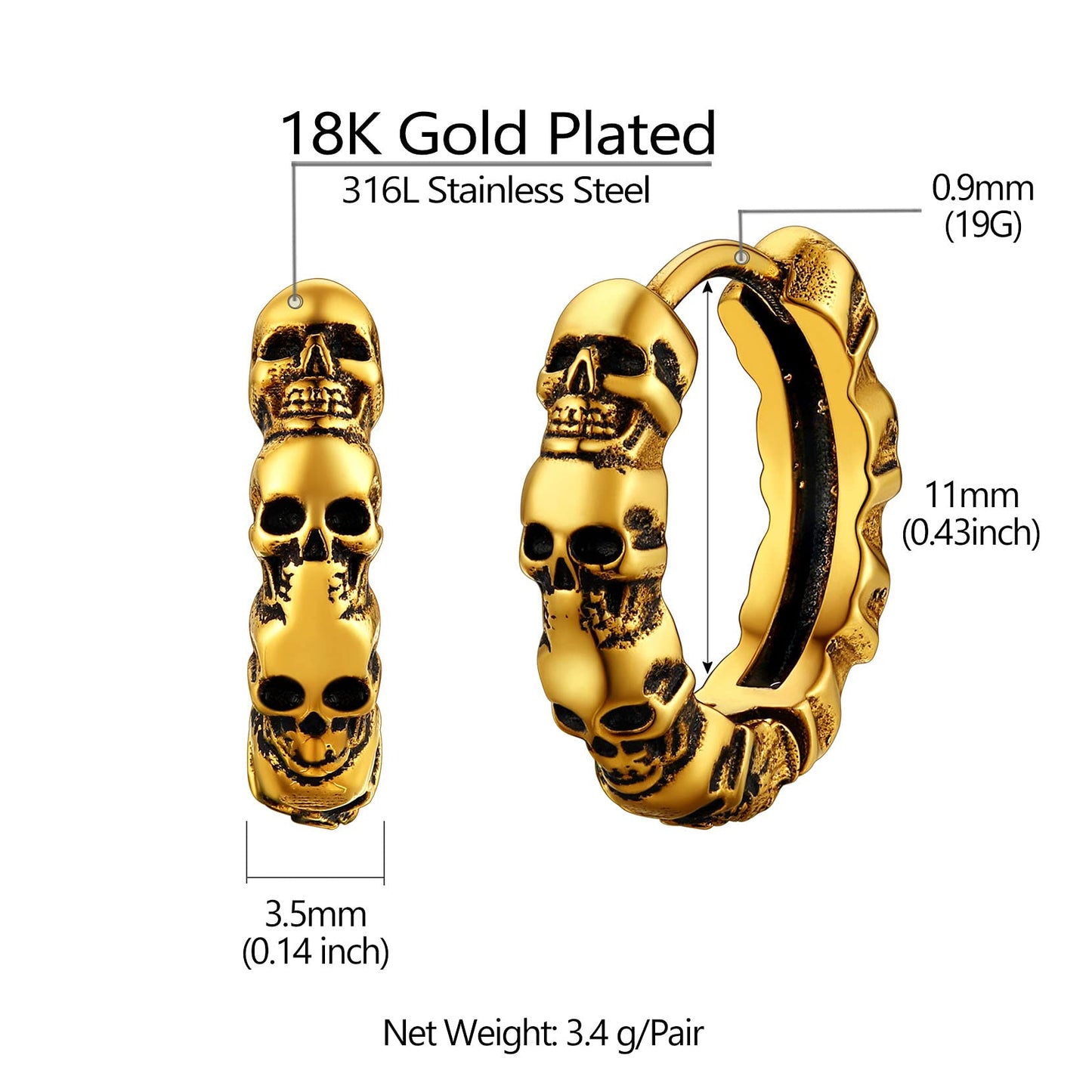 Richsteel Skull Huggie Hoop Earrings for Men - 316L Stainless Steel Gothic Jewelry, Lightweight Punk Earrings