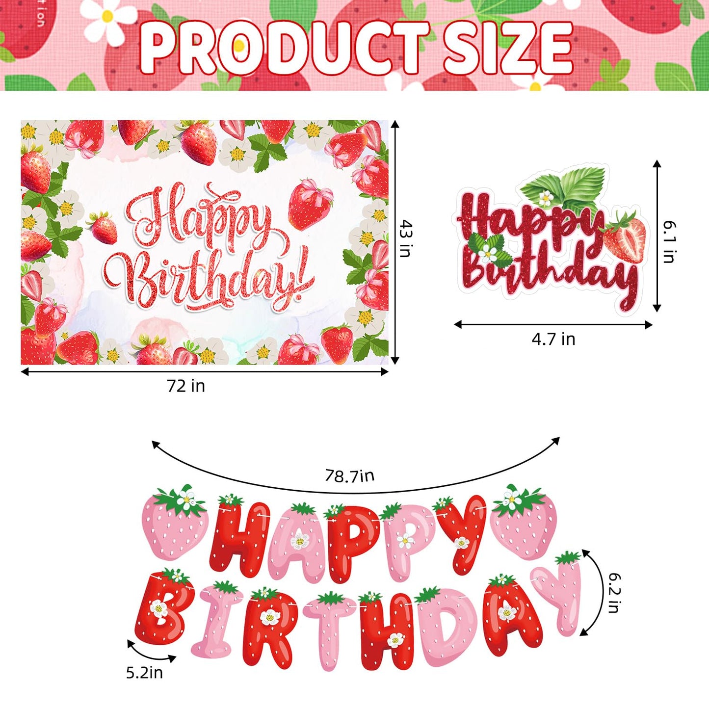 Strawberry Birthday Party Decorations Set - Cute Backdrop Banner, Hanging Banners, Swirls Streamers,Cake & Cupcake Toppers, Sweet Theme Party Supplies Kit for Girls, Kids, Baby Shower