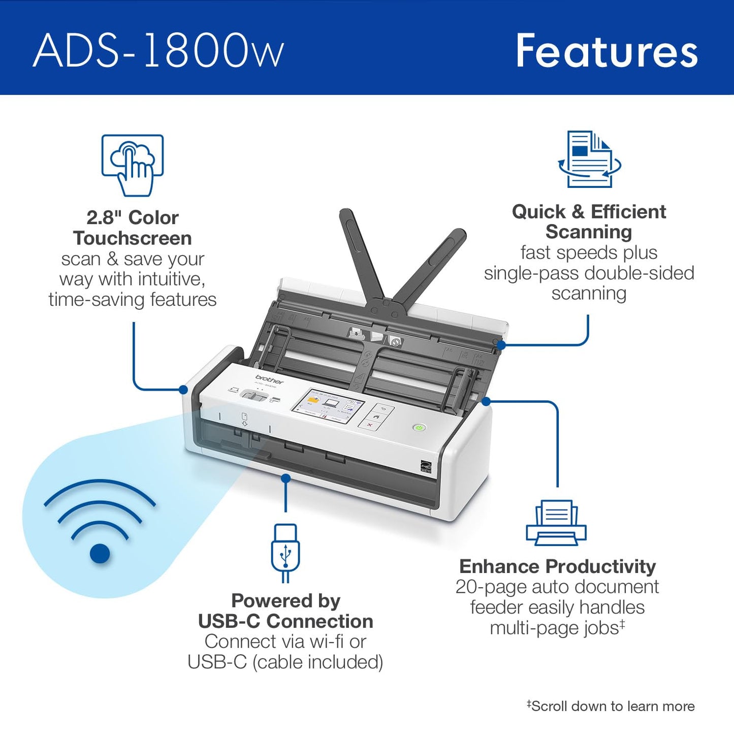 Brother ADS-1800W Wireless Compact Desktop Scanner | Scan Speeds of Up to 30ppm | 2.8" Color Touchscreen
