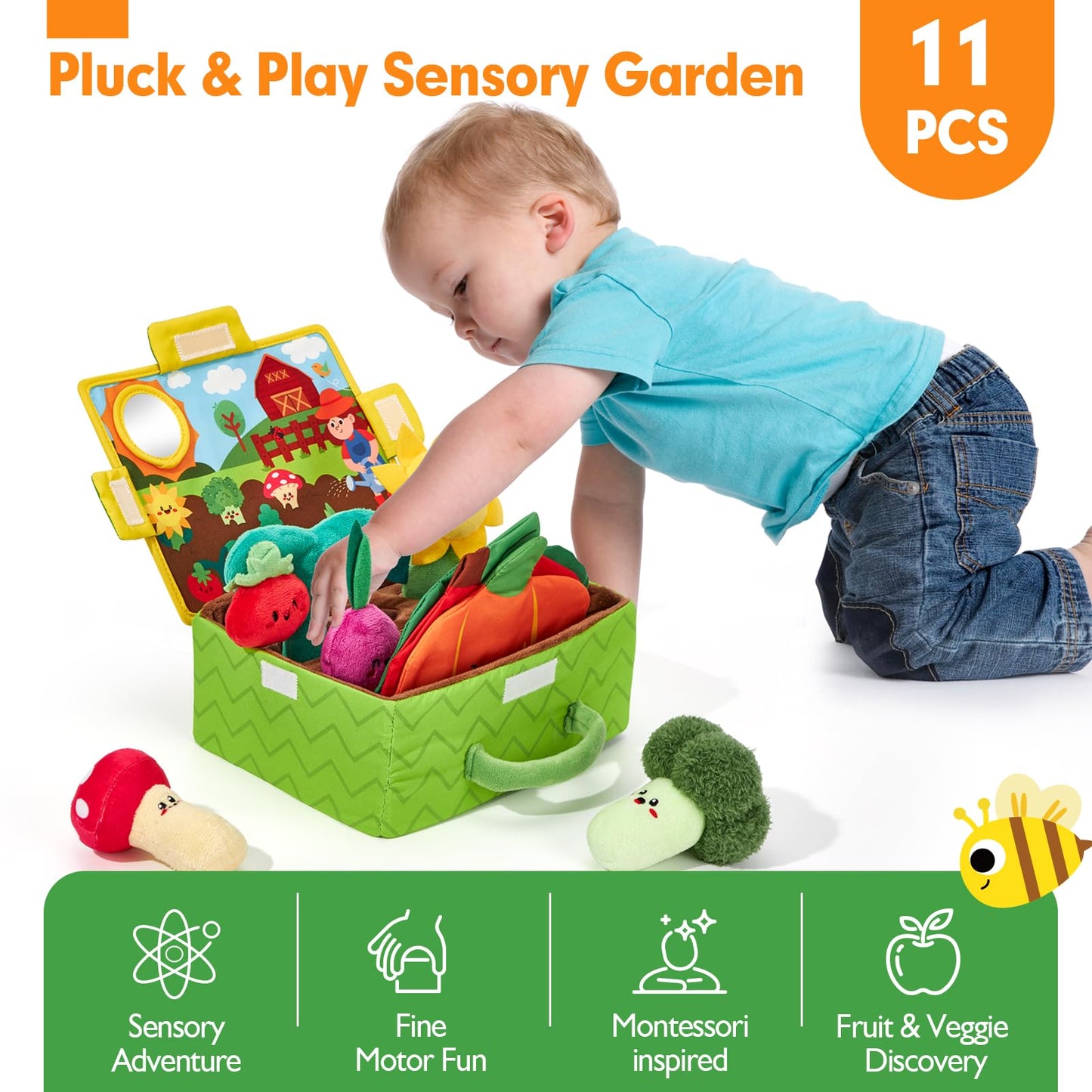 hahaland Baby Sensory Toys 6 Months - Soft Tummy Time Teething Toy and Fruits Vegetables Garden Plant Plush for Babies Gifts