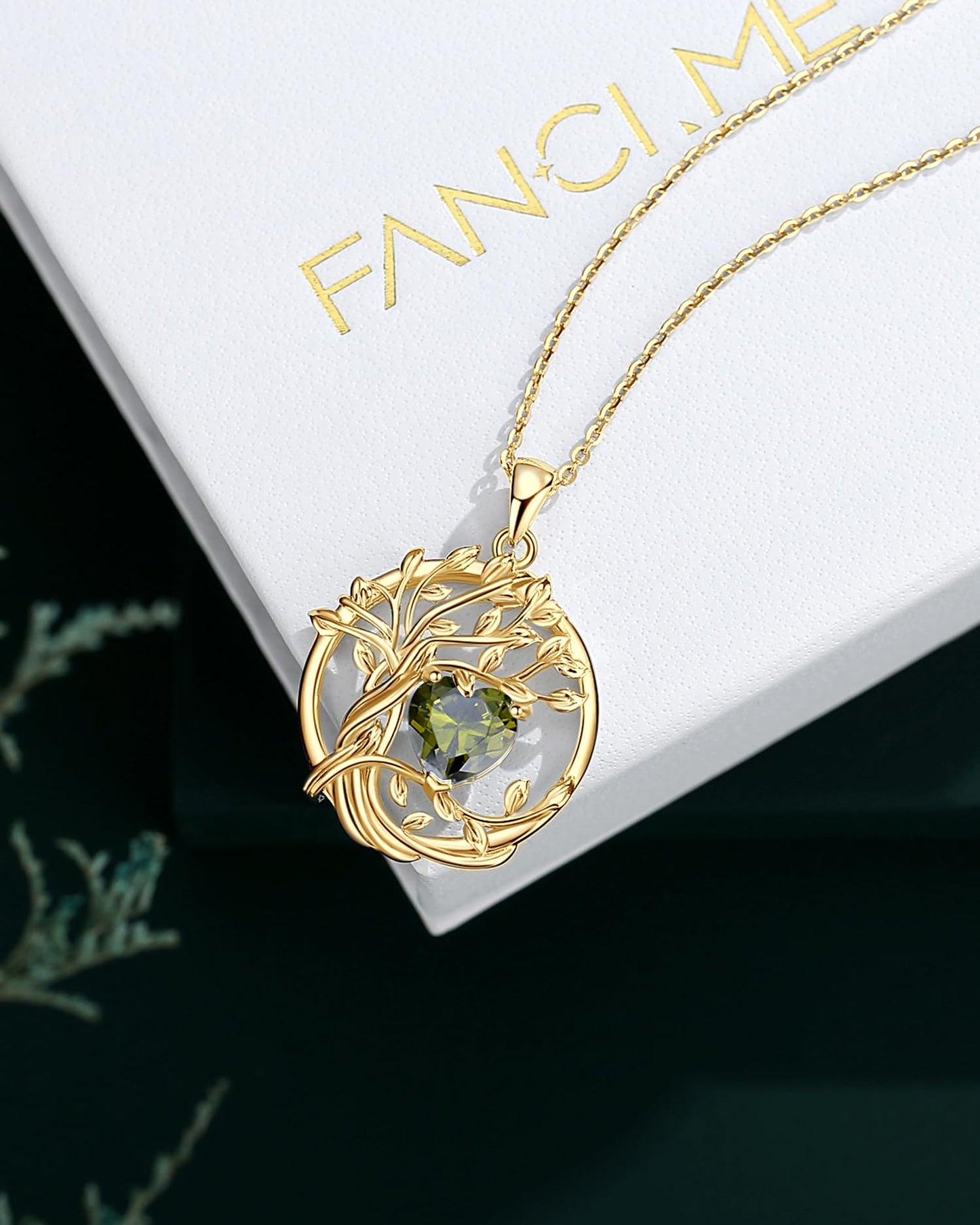 FANCIME Tree of life August Birthstone necklace for women Sterling Silver Yellow Gold Plated Tree Jewelry Peridot Pendant Green Gemstone Birthday Mothers Day Gifts for Wife Mom Her