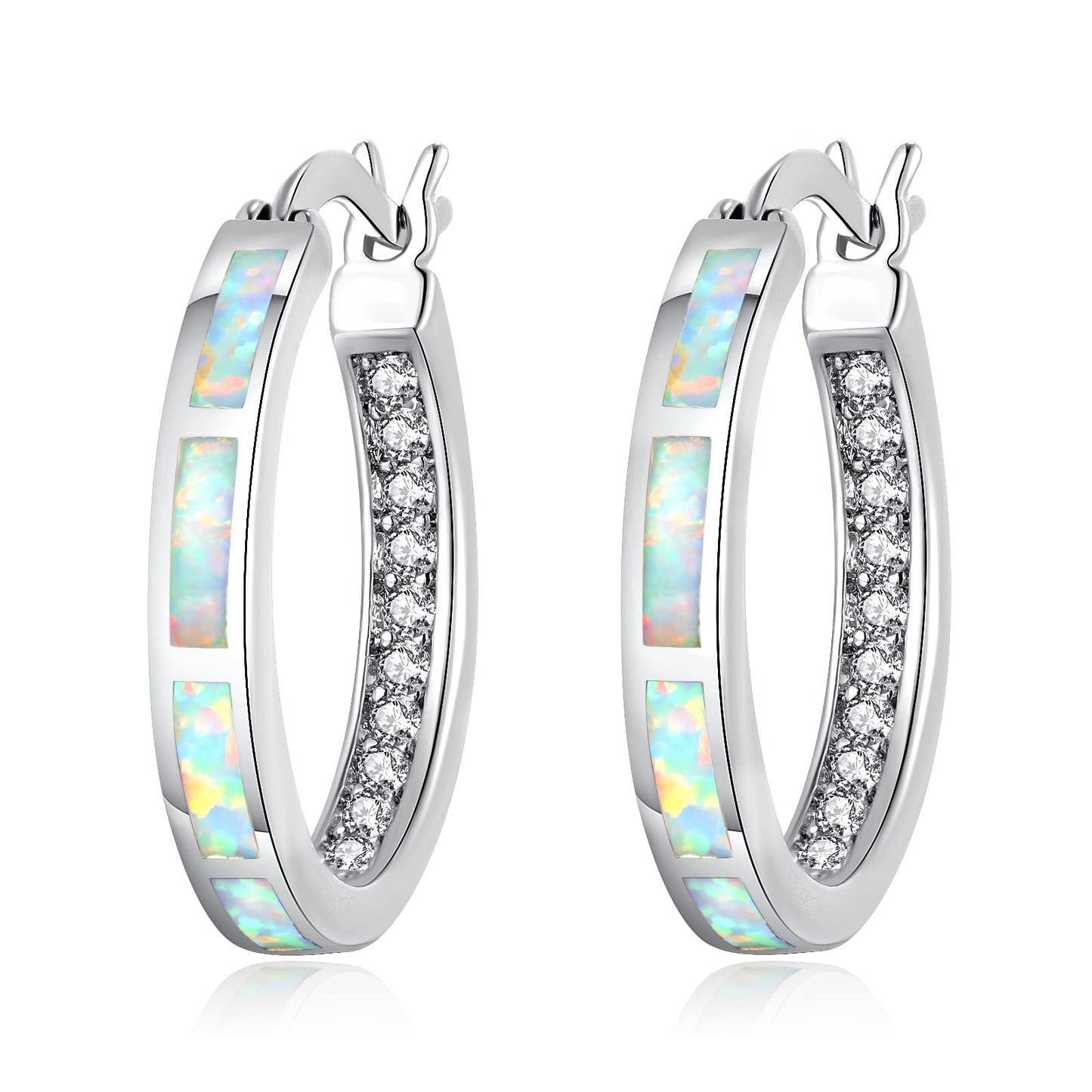 CiNily Women's Hoop Earrings Opal Earrings White Gold Plated Hypoallergenic Small Round Ear Hoops Ladies White Gemstone Hoop Earrings Jewelry 20mm