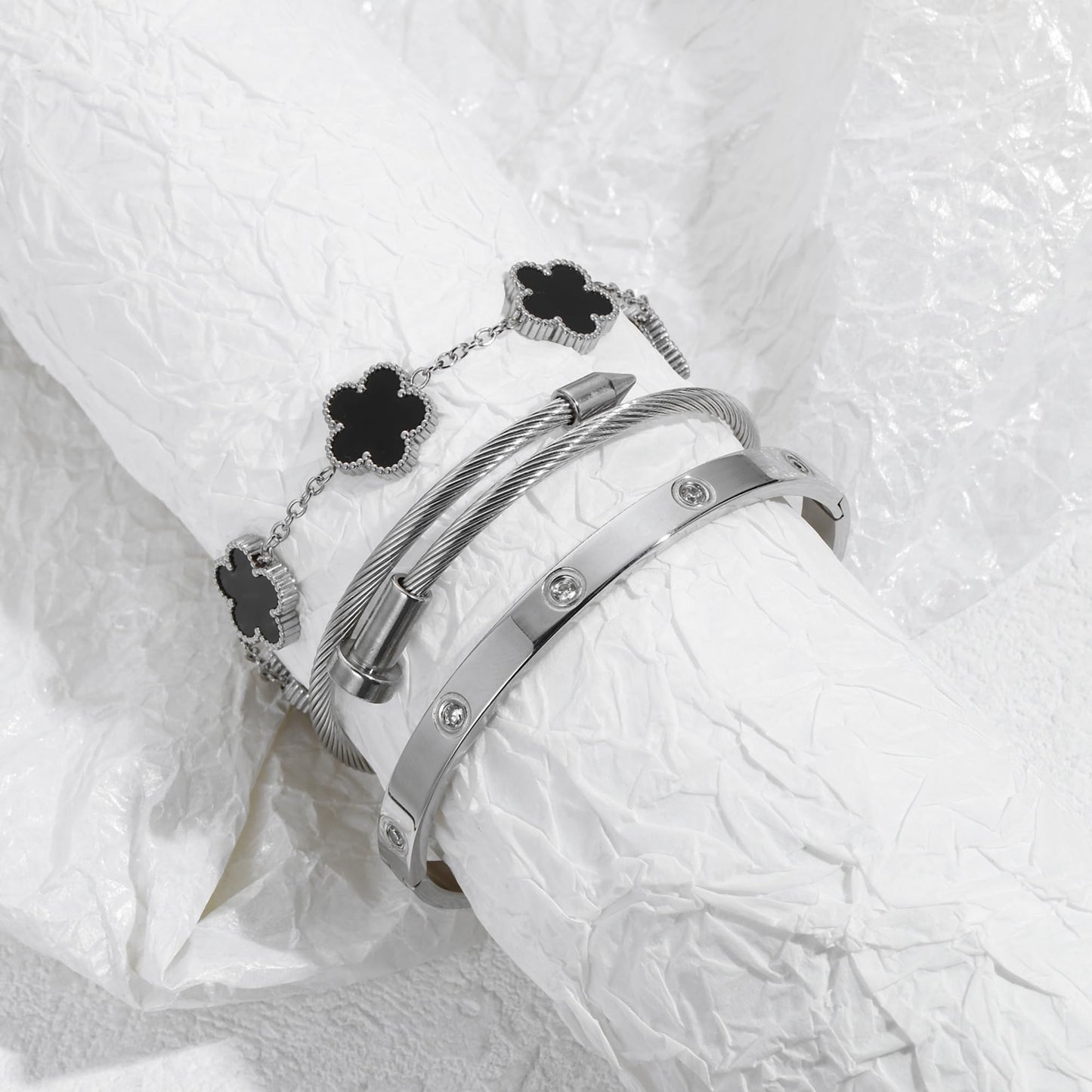 Jade cabbage Gold Bracelets for Women 18K Gold Plated Love Friendship Bracelet With Cubic Zirconia Cuff Bangle Jewelry Set Witness the Gift of Love (Silver 3pcs-B Large 7")